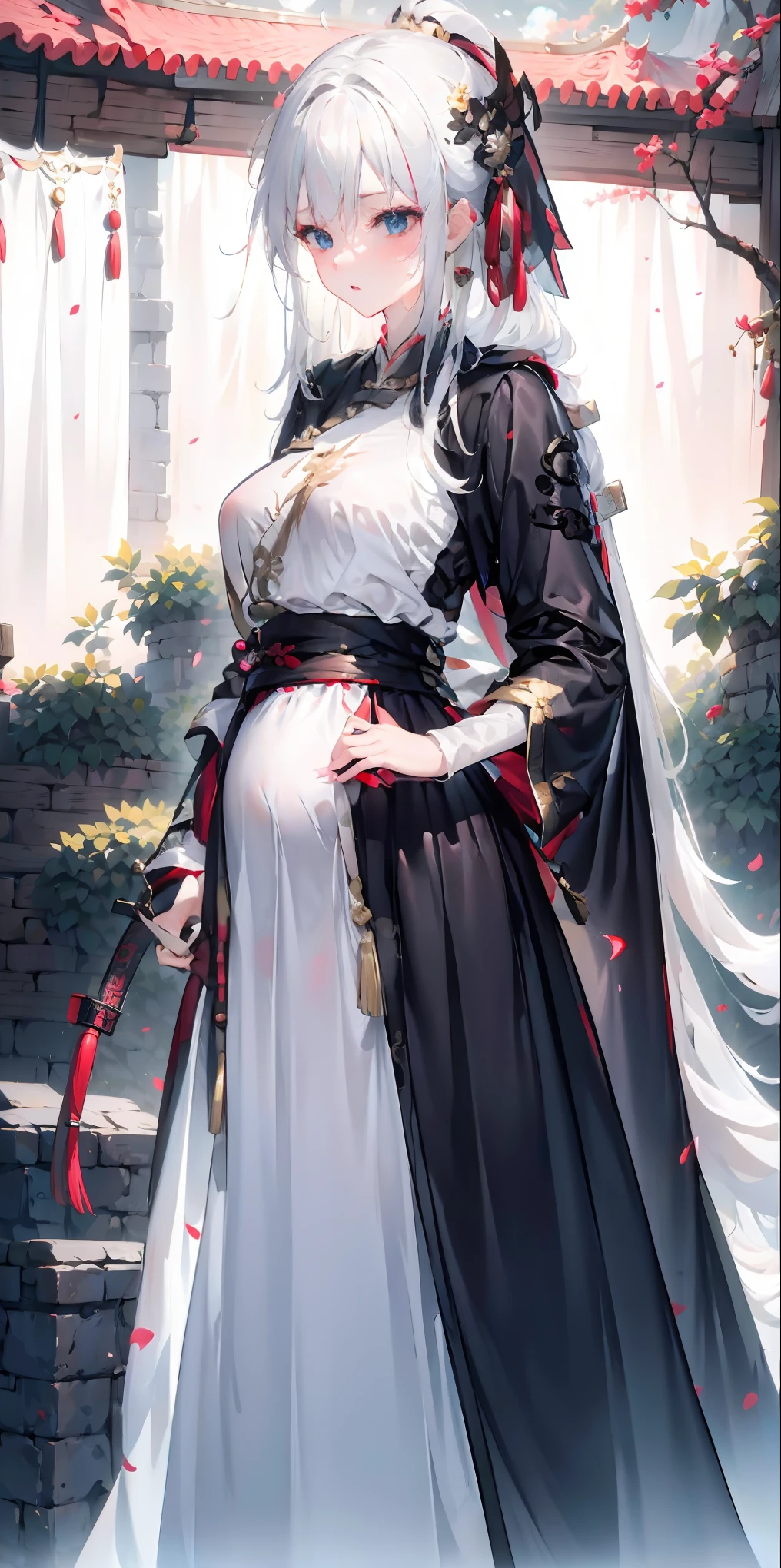 Golden hairpin, white ash hair, black shirt, white skirt, (black cloak:1.2), pale face, sweating, heavy breath, blushing, pregnancy  dresest quality:1.2), ultra-detailed,realistic ,portraits, vivid colors, soft lighting, interesting PoV, stocking, straight hair, pregnant, Pregnant  belly, Chinese sword, anime girl