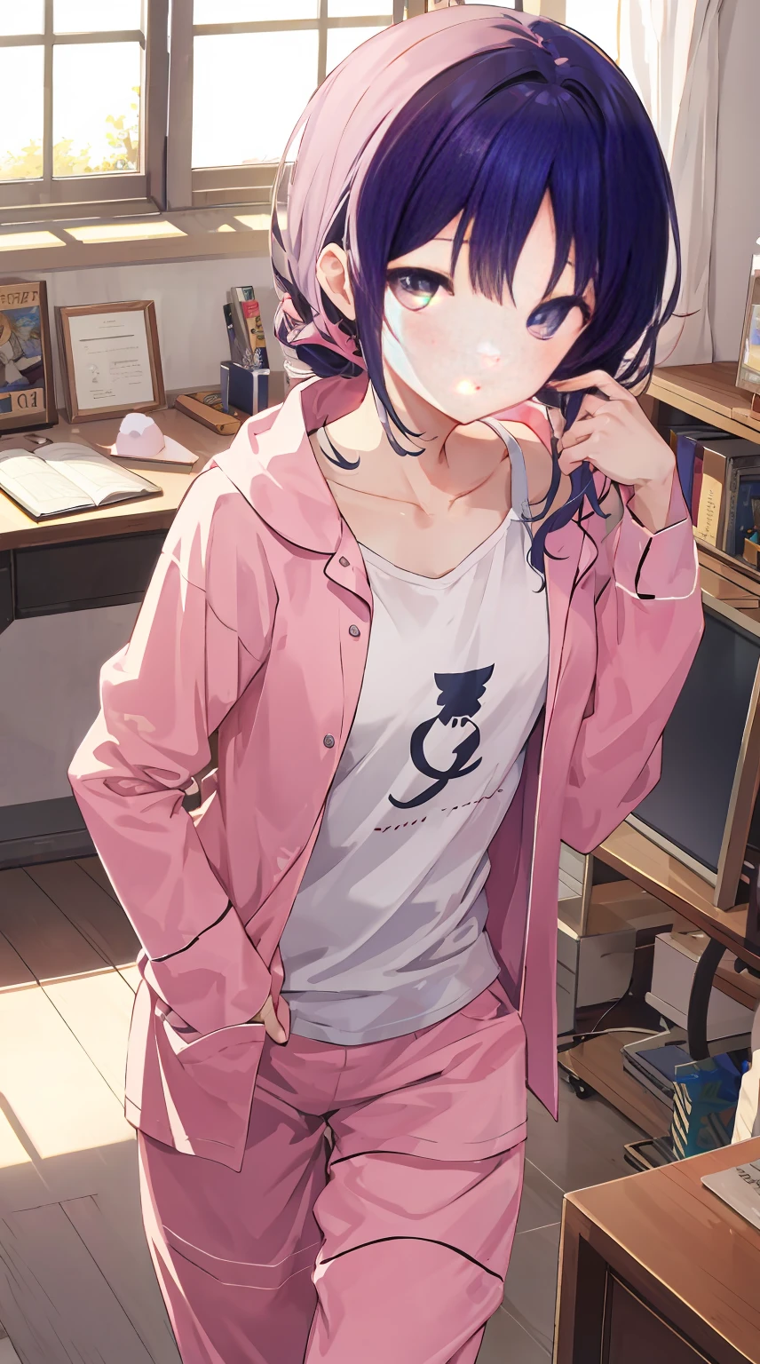 in sexy pajamas, Beautiful posture, coquettish, Study room, sofe, random charming actions, facing at the camera, lmaginative, first love