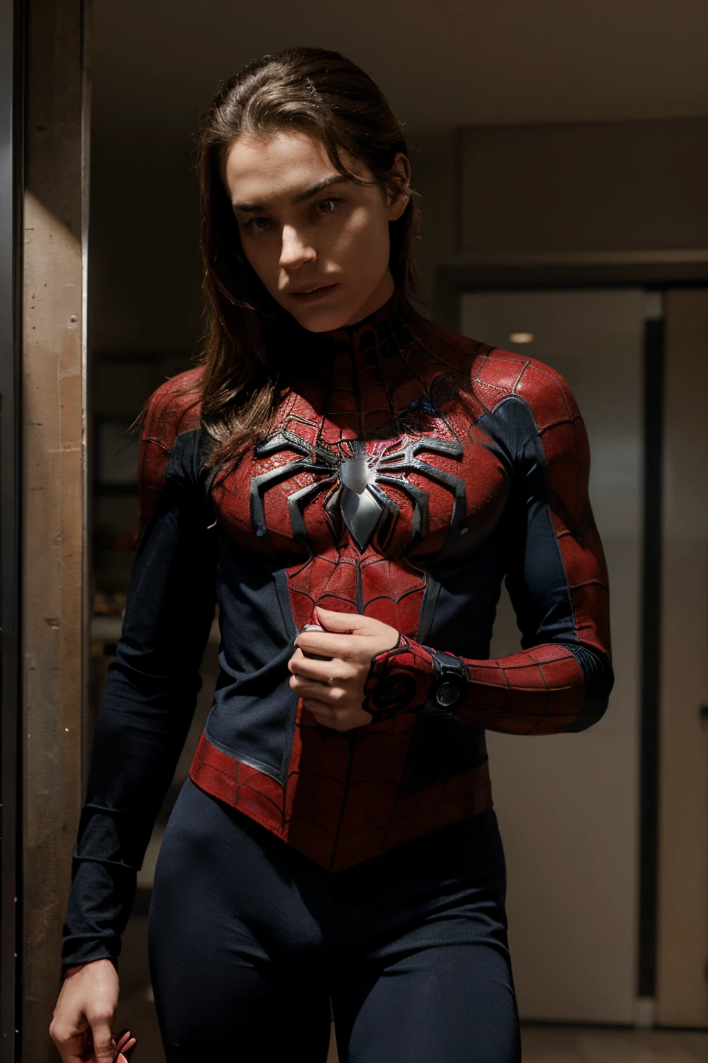 genre spiderman, dans un costume technologique av,ancée en rouge