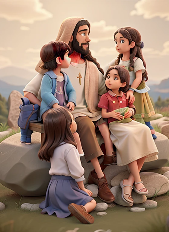 Jesus sitting on a rock with 4 children beside him