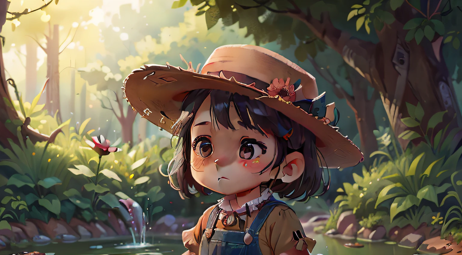 garota agricultora chamada papoula, vestindo roupas de cowboy, cowboy hat, (Menina pequena bonito) (5-6 anos) parado perto de uma fonte na floresta, (lugar escuro: 0.8) (Desordem - Casa: 0.8), ( master part: 1.2) (Realistic: 1.2) (Bokeh) (best quality) (detalhes complexos) (8k) (foco nítido), (pele detalhada: 1.2)