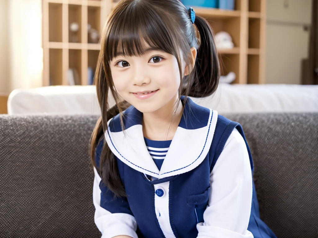 a cute Japanese girl、tchibi、Wearing a super mini school uniform、The navel is visible、Sitting on the couch、I'm looking at this and smiling、The lighting is bright