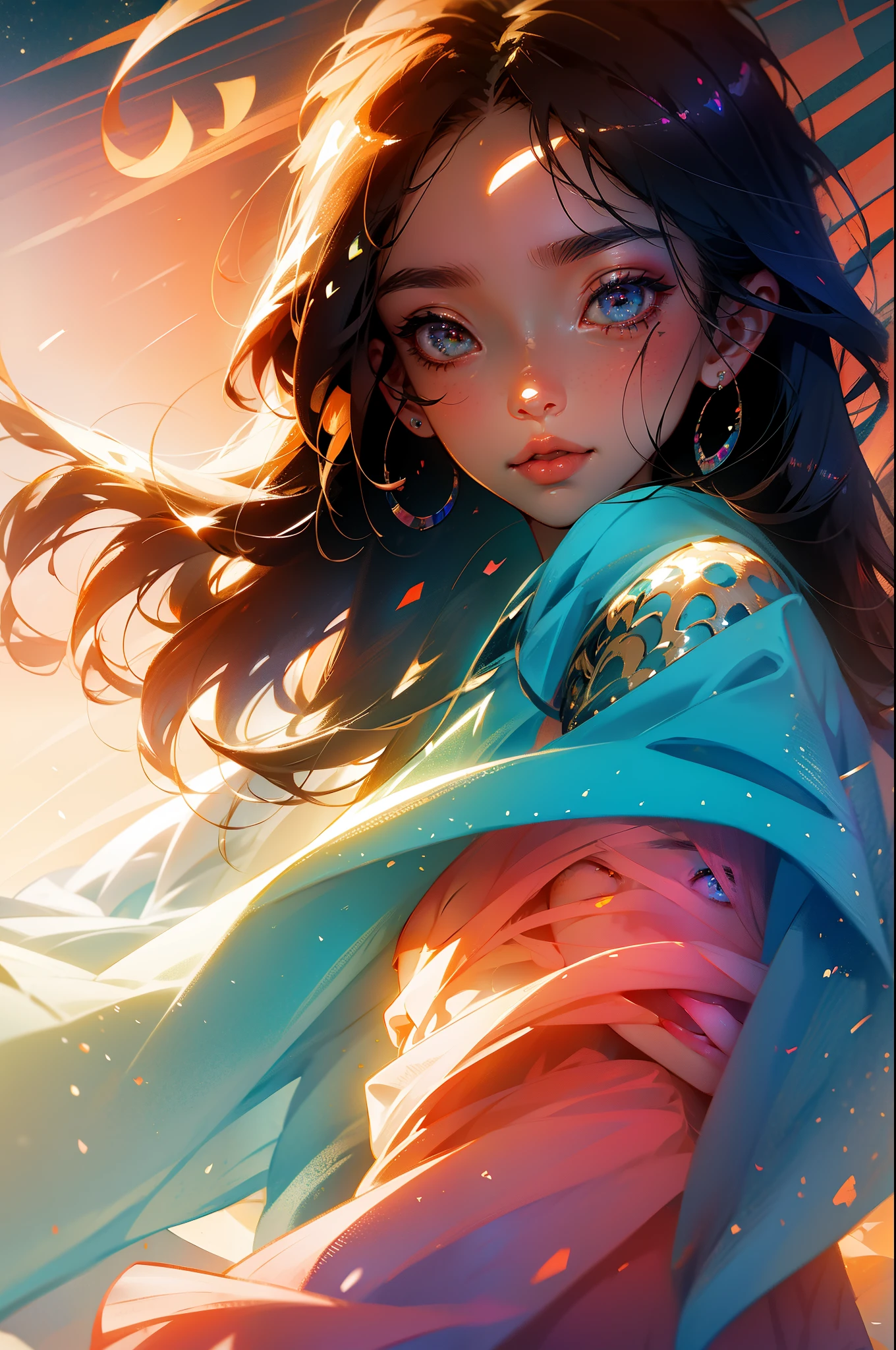 anime style, in the sky, over the sea, two eyes open, eyes detailed, in a sunset, smiling, masterpiece, 4k, detailed face, good anathomy, highlights,