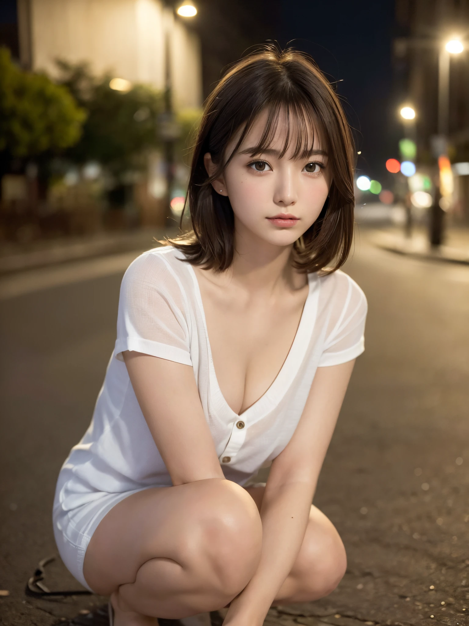 ((top quality, 8k, masterpiece: 1.3, raw photo)), Sharp Focus: 1.2, (1 aespa girl: 1.2), (Realistic, Photorealistic: 1.37), (face focus: 1.1), cute face, small breasts, flat chest, short messy hair, nude, (long button white shirt: 1.1), Beautiful Woman squatting  Under Street Lamp Light, cinematic lighting, thigh, showing her panties,