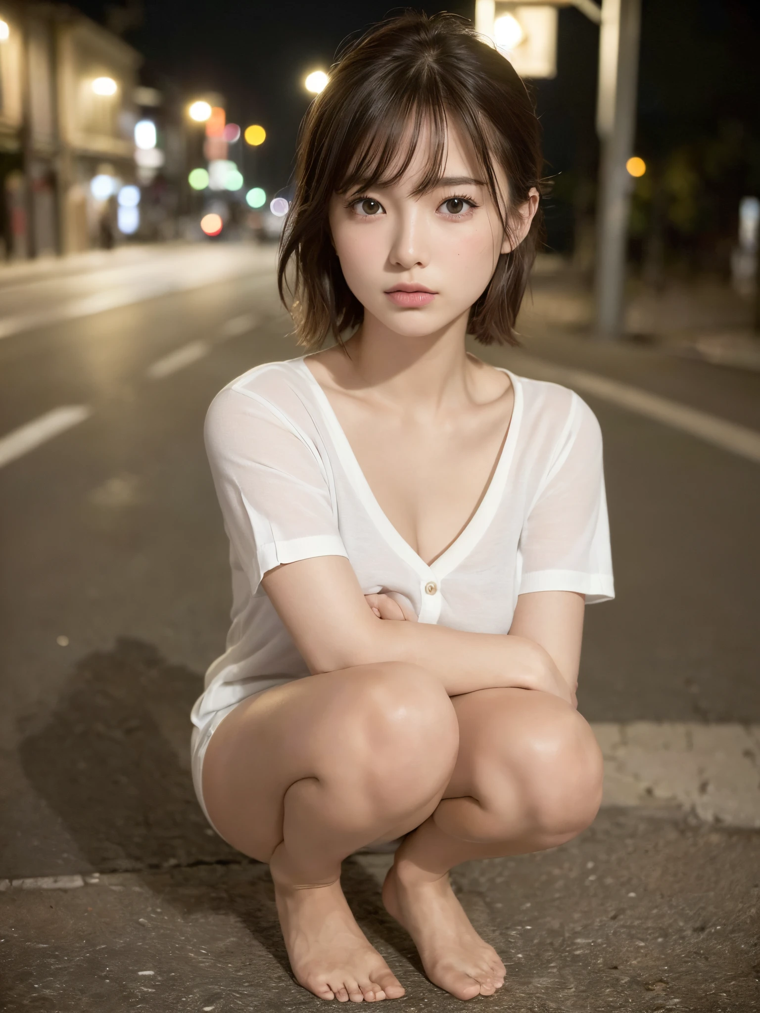 ((top quality, 8k, masterpiece: 1.3, raw photo)), Sharp Focus: 1.2, (1 aespa girl: 1.2), (Realistic, Photorealistic: 1.37), (face focus: 1.1), cute face, small breasts, flat chest, short messy hair, nude, (long button white shirt: 1.1), Beautiful Woman squatting Under Street Lamp Light, cinematic lighting, thigh, showing her panties,