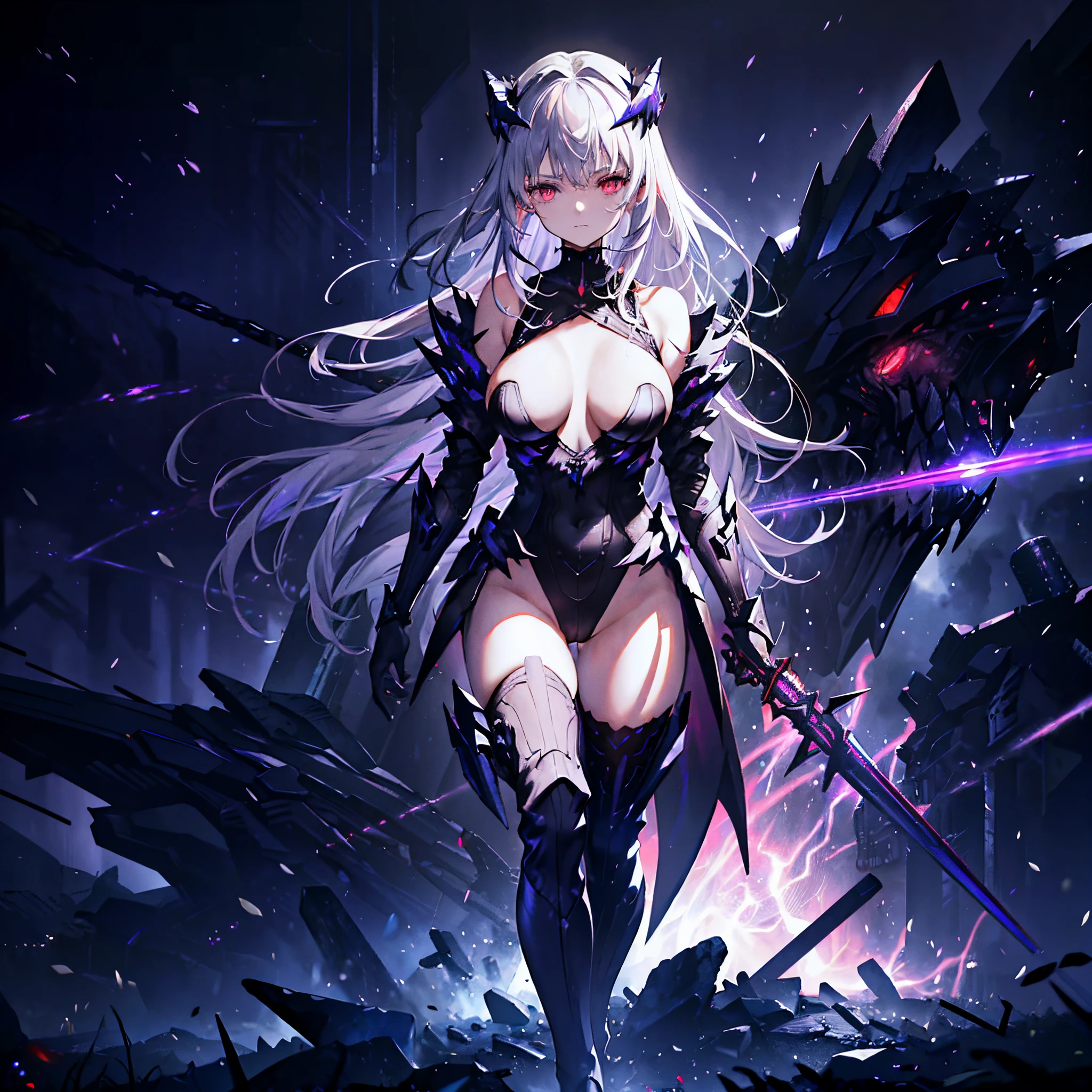 1 girl, solo, short girl, ta, highly detailed silver hair with purple tips, crystal hair, long wavy silver hair, silver hair with black tips, beautiful deep blue and red eyes, cross-shaped pupils, (eyes exuding red fog), black_fog:1.4, glowing eyes, medium breasts, intricate black and blue futuristic high leotard armour, heavy armoured top, dark goddess, wearing an alien-like armoured glove, black crown, black and purple thigh-highs, holding bow-like laser weapon, dark futuristic shoes, serious expression, majestic aura, side view, alien-like woods in background, ultra high detailed