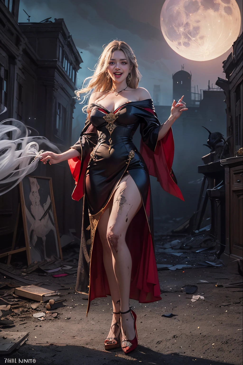 A tall and sensual woman, Large breasts and large buttocks, 35 year old, inside the cemetery, fair skin and very long, full-featured, mixed blonde and brown hair, red and black flare dress, Golden jewels, rose in hair, laughing loud, fleshy and red mouth, carrying a large golden trident, Skull on the ground