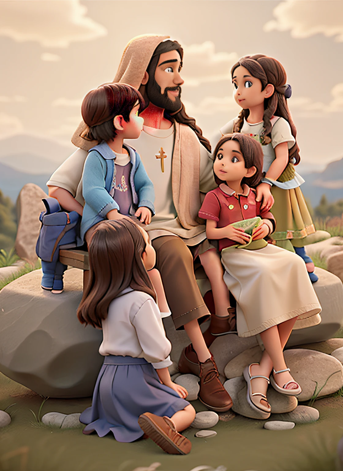 Jesus sitting on a rock with 4 children by his side