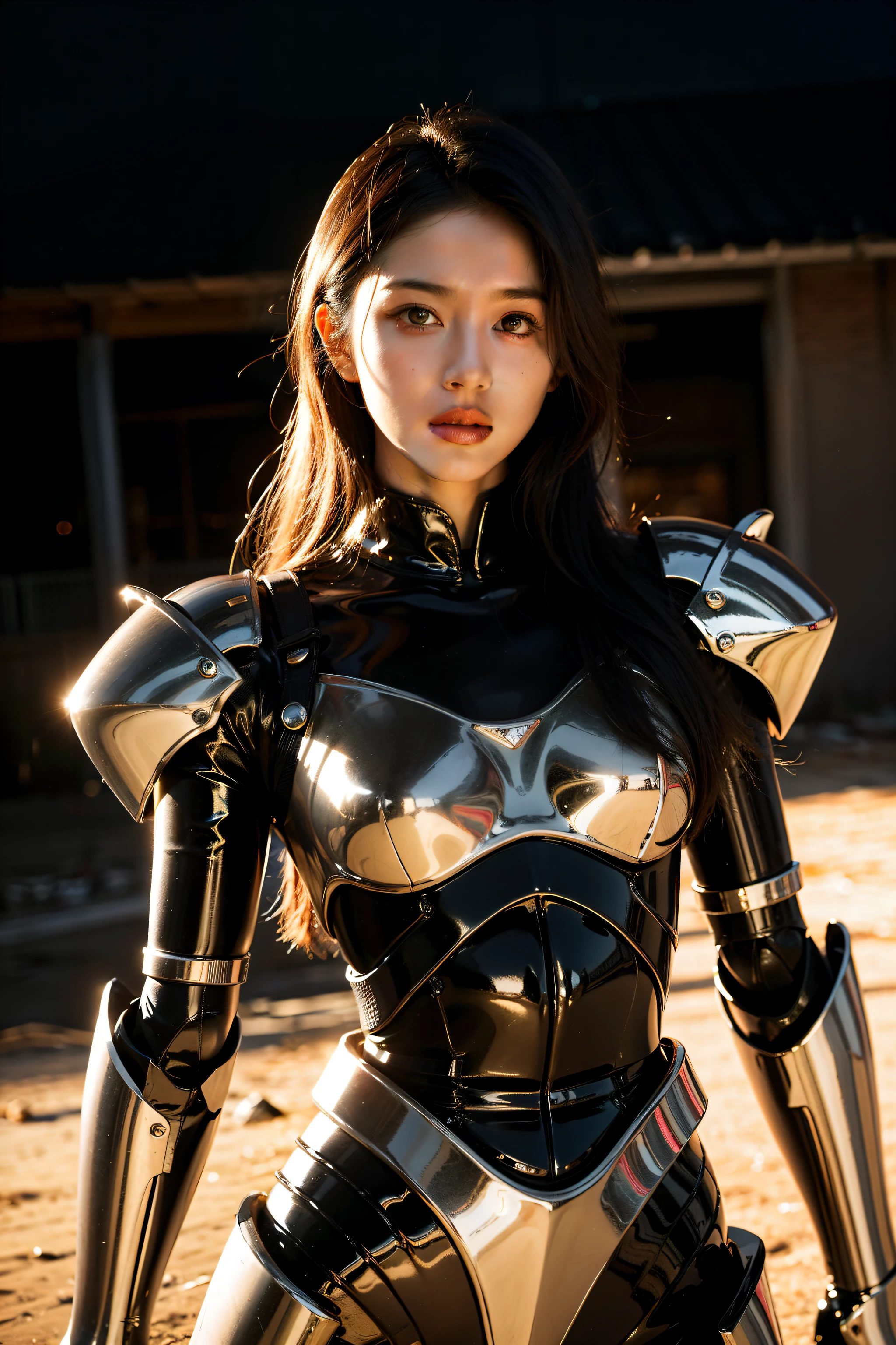 World War,in fighting,late sunset,Black gold tone,Extremely high level of detail,beautiful female warrior,heavy,The enemy is a robot,tmasterpiece,Perfectcomposition,the golden ratio,1080p,hyper realisitc