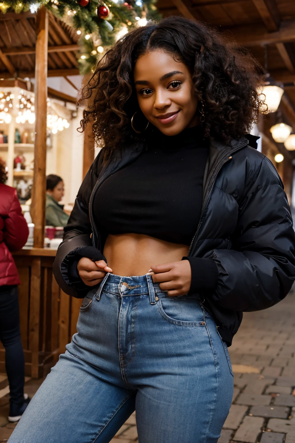 real black woman with afro curly hair and with beautiful eyes , she smilling , she is 30 years old, she weights 160 pounds and measures 1m72, she is at the Christmas market, she wearing a puffy jacket, and a jeans