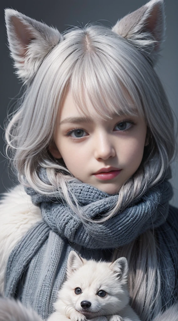Style-NebMagic, Portrait of Ismail Inkeolu, Gazelli, james jean, Anton Padeyev and Yoshitaka Amano, Fluffy and cute arctic fox in Style-SylvaMagic scarf in the snow, Very detailed, in 8k resolution, digital art, trending on Artstation, vibrant colours, chibi style, Masterpiece, It's lovely,, Kind and, It's lovely,,
