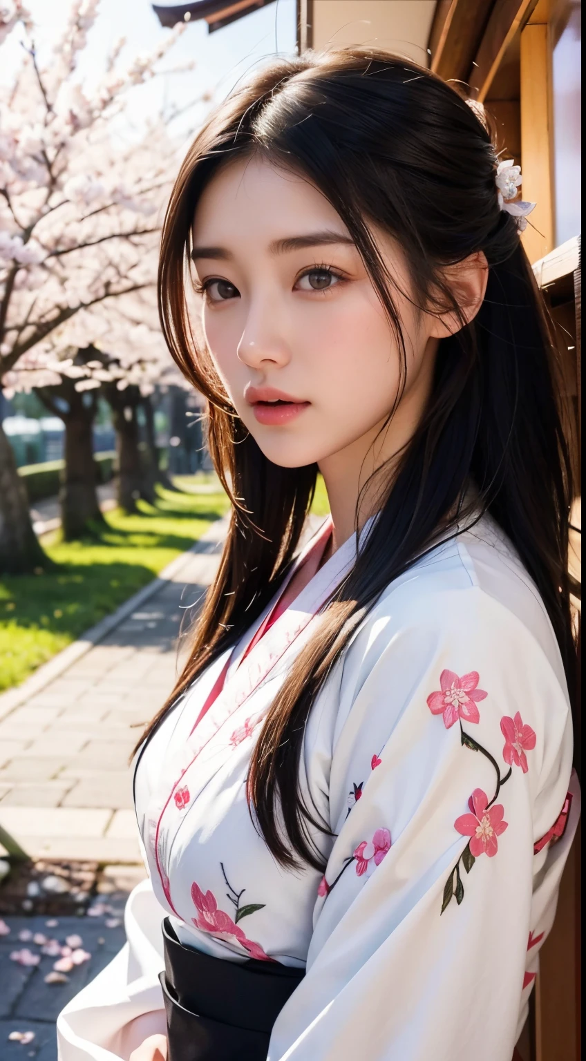 (A logo、​masterpiece、8K、masutepiece、Raw photo、Fantastic、Best Quality、8K wallpaper that combines photorealism and high-definition CG、hightquality、ighly detailed、epic poem、Particle effect、Dynamic effects、depth of fields、Cinematic Light、Lens Flare、Ray tracing)、Fantasia、 (Beauty 1 person、White Japanese Clothing、Japanese dress、White cherry blossom pattern、White cherry blossom embroidery pattern、A dark-haired、Beautiful face、Real Face、beautiful details eyes beautiful skin)、Hair flutters in the wind、Hair jumps、Pink cherry blossom tree、Petals flutter、Sakura blizzard、Superb view、morning glow、Sun in the background、the wind、Deities、tusk、myth、Vast Land、