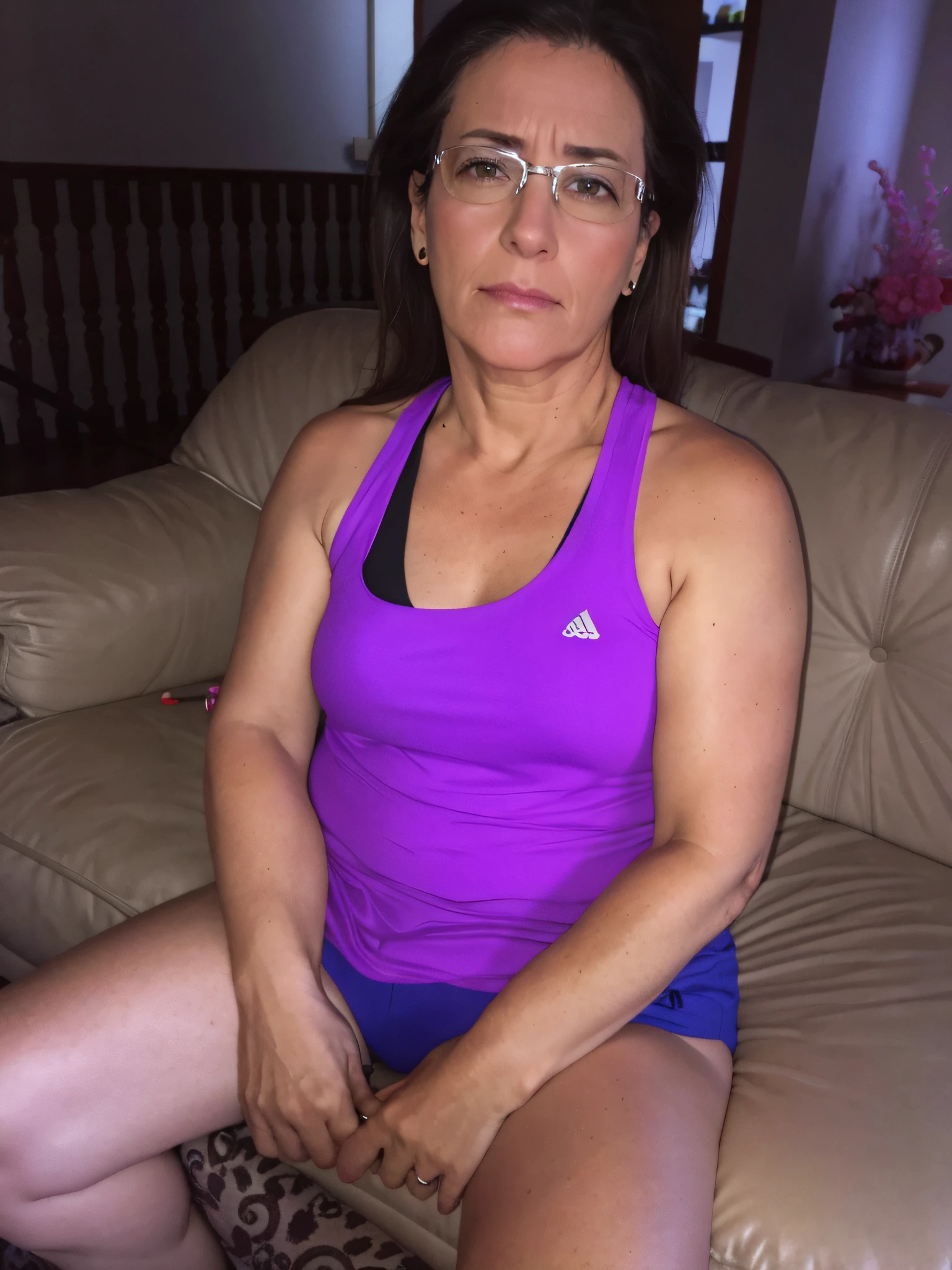 there is a woman sitting on a couch with a remote control, 3 6 anos, 38 anos, ela tem cerca de 40 anos, ela tem cerca de 40 anos, 3 0 anos mulher, 4 5 I, ela tem cerca de 40 anos, 3 2 anos, ela tem cerca de 4 0 anos