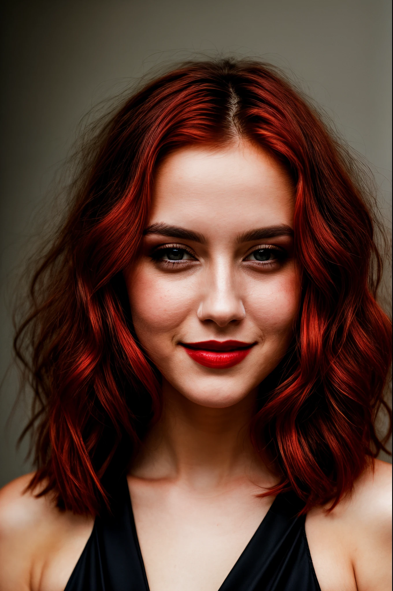 RAW photo, face portrait photo of beautiful 23y.o woman, beautiful face, wearing black dress, happy face, cinematic shot, dramatic lighting, ((red hair)), long hair, beautiful lips, hazel eyes, no shadows