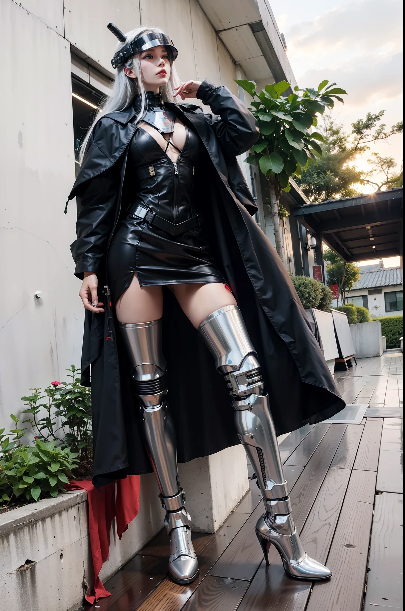 Fantasy cyberpunk world,1 Mechanical Miracle,Robots defend world order;Samurai mechanical armor,Equip transparent weapons,Streamlined black and red design,wearing in black cloak,A big part of a 1-person robot,Art of the highest quality,8K ultra-high resolution,动态照明,cinematic splendor,Vibrant colors,Wearing a high-tech steel suit,Wearing a cyberpunk space helmet,Luminous mechanical protective mask,High-tech tactical clothing of the future