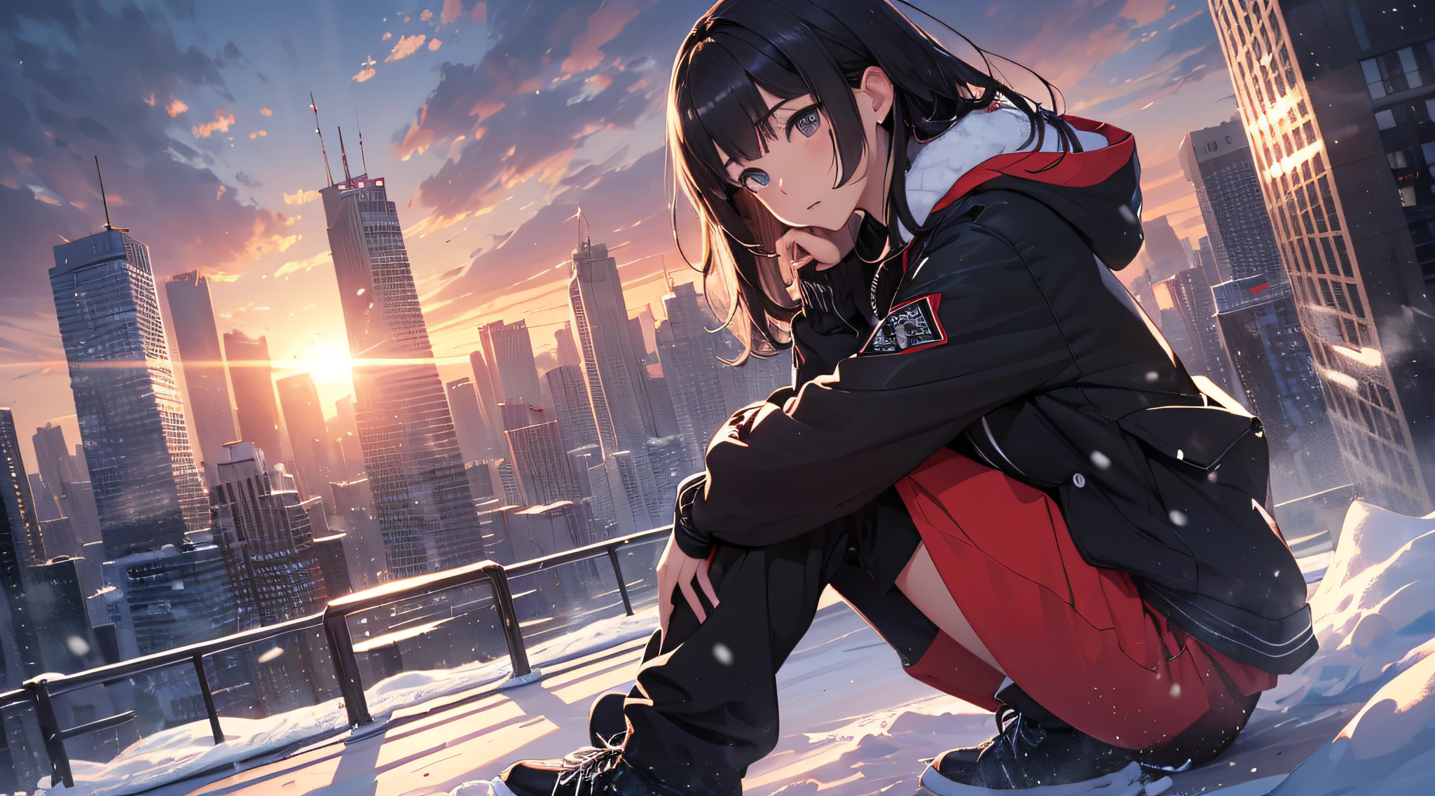 top-quality、Top image quality、masterpiece、Teenage girl((Black Duffel Coat、Black shirt、Long black trousers、Canned coffee in hand、18year old、 Ager、Best Bust、big bast,Black eyes, Long Black Hair、A slender,Large valleys、Reflecting the whole body、Sit up、Spread your legs apart、S)),hiquality、Beautiful Art、Background with((snow blowing、glowing sun、city nigth 、Yuki))masterpiece、depth of fields,Japan Anime Style