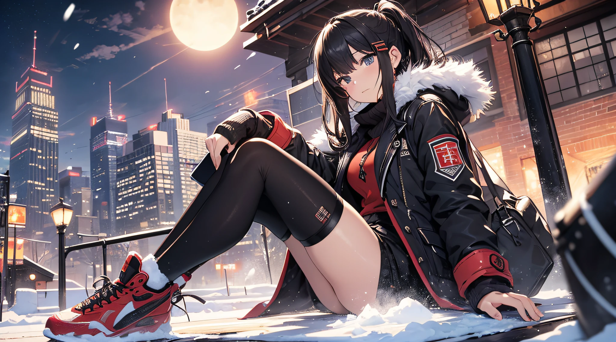 top-quality、Top image quality、masterpiece、 girl((Black Duffel Coat、Black shirt、Long black trousers、Canned coffee in hand、18year old、 Ager、Best Bust、big bast,Black eyes, Long Black Hair、A slender,Large valleys、Reflecting the whole body、Sit up、Spread your legs apart、S)),hiquality、Beautiful Art、Background with((snow blowing、glowing sun、city nigth 、Yuki))masterpiece、depth of fields,Japan Anime Style