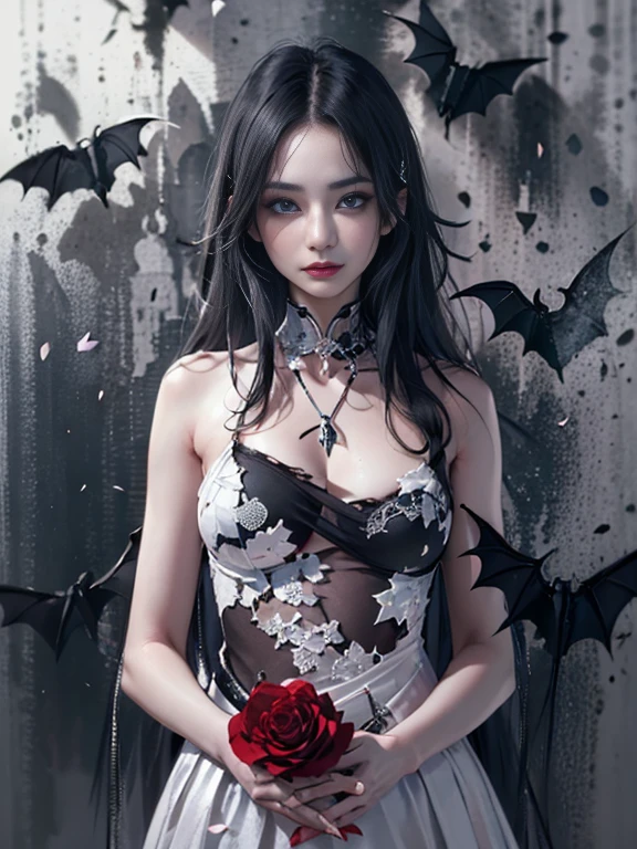 Young children、１２age、balance the eyes、and blemish-free skin、upper body closeup、Vampires、russian vampire、Black and white、sluttish,barechested.Symetrical, artistic, close up, all her clothes are torn、  Yin, eyes focus, , Exposed skin, Exposed body parts, rag, costum, Broken mirror，Split black and white，Scattered rose petals，with sublevel rack，Eroded by darkness and light，Dynamic Poses、Symetrical、}}}}, {{{Hyper Detailed}}}, {{{hight resolution}}}, {{Good anatomy}}, (((Best Quality))), ((Very delicately beautiful)), {{Very meticulous、Delicate}}, {8k cg wallpaper}, {{illustratio}}, (color background grayscale:1.1), Ray traching, Background bokeh,  1girl in , Solo, Hu Tao(GenshinImpact), boo tao, blanche、sluttish,barechested.Symetrical, artistic, close up, all her clothes are torn, burst,, , Exposed skin,, , Broken mirror，Split black and white，red tear rack and white paint，Broken，with sublevel rack，Eroded by darkness and light，Symetrical
