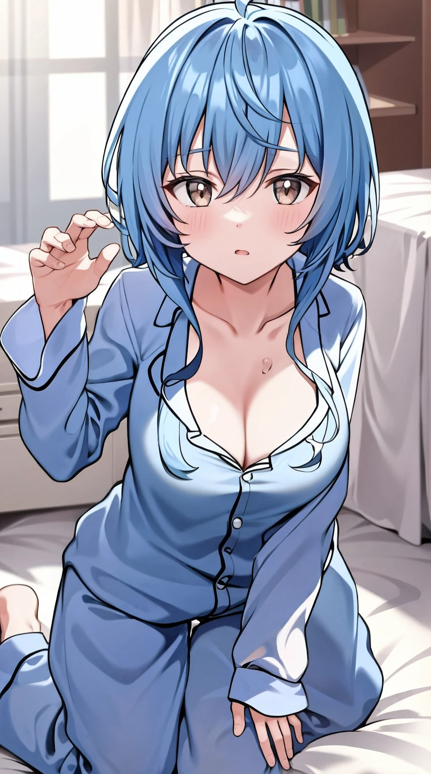 in sexy pajamas, Graceful posture, coquettish, Study room, sofe, random charming actions, facing at the camera, lmaginative, first love