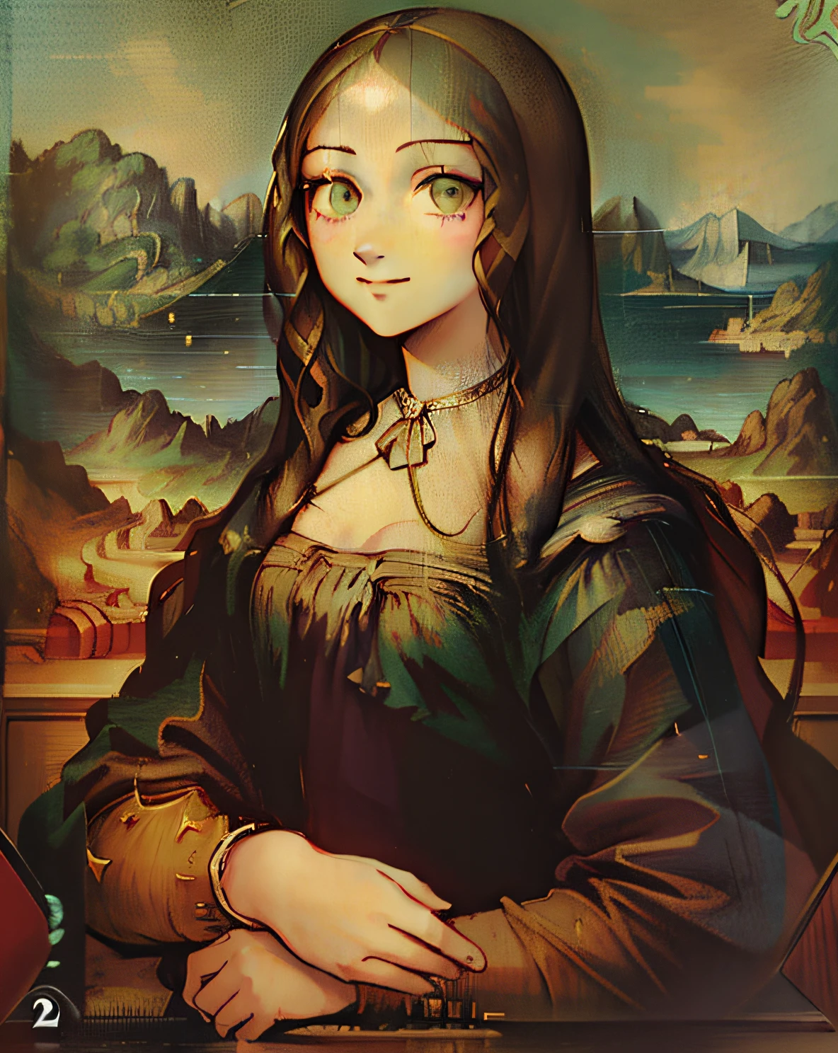 Smiling woman portrait, Close-up cleavage, monalisa, portrait of the mona lisa, monalisa, davinci, mona lisa style, Mona Lisa painting, Mona Lisa Artwork, Similar to Mona Lisa, Non-Mona Lisa pose, davinci, 2 d anime style, style of anime, A beautyful girl