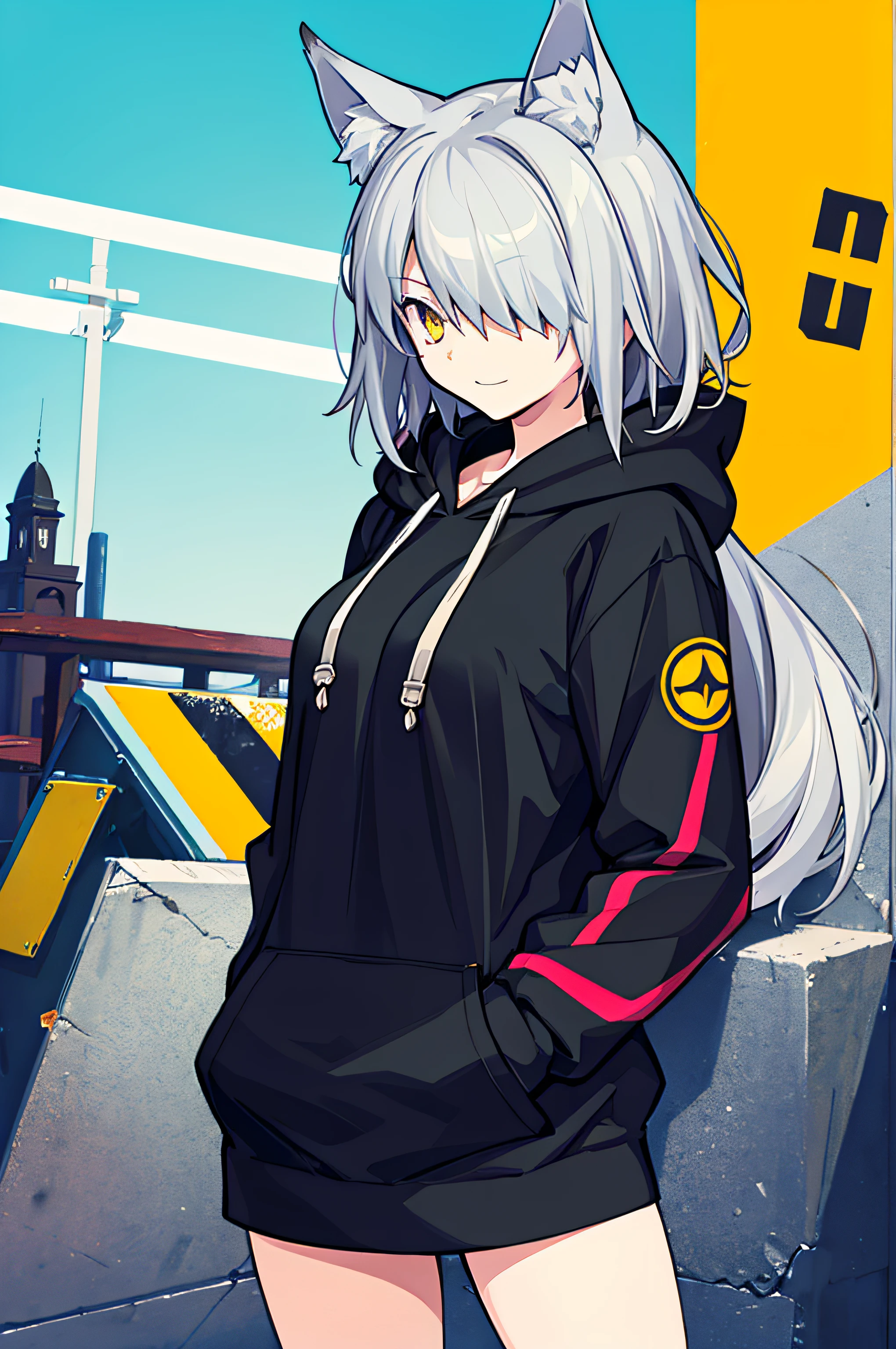 superfine illustration,1girl in,(simple background),((Black hoodie)),Hair over one eye,(Tachi-e),(Standing),Cowboy Shot,Grey Hair,Yellow eyes,Wolf ears,lightsmile,medium breasts