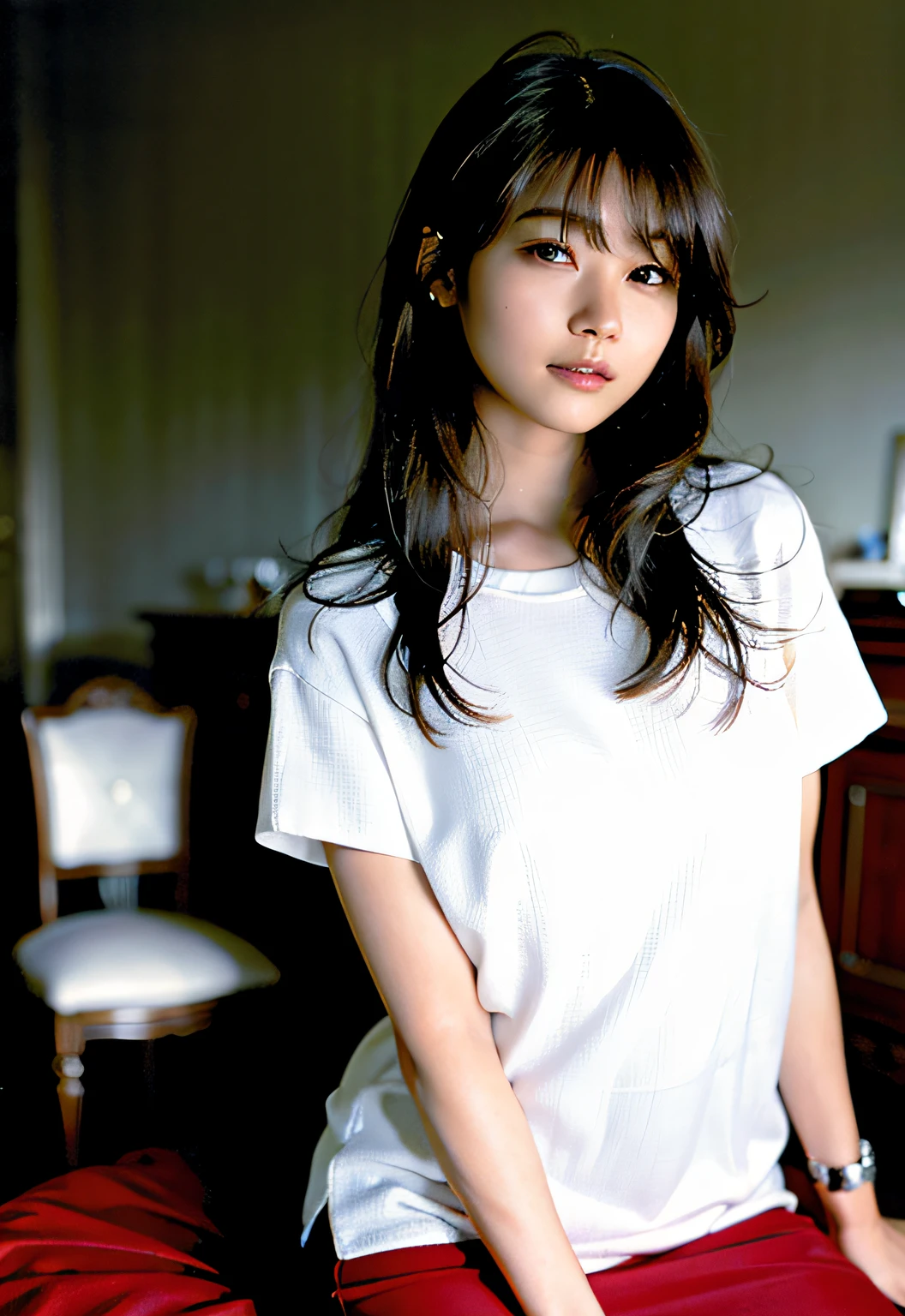 (8k, RAW photo, best quality, masterpiece: 1.2), (realistic: 1.6), (masterpiece), (best quality: 1.0), (highest quality: 1.0), (ultra hi-res: 1.0), detail, 40s, one, detail beautiful skin, detail room, ,realistic skin, middle breast, best quality, ultra high definition, cute, long hair, smile, , white shirt, , sitting on bed,