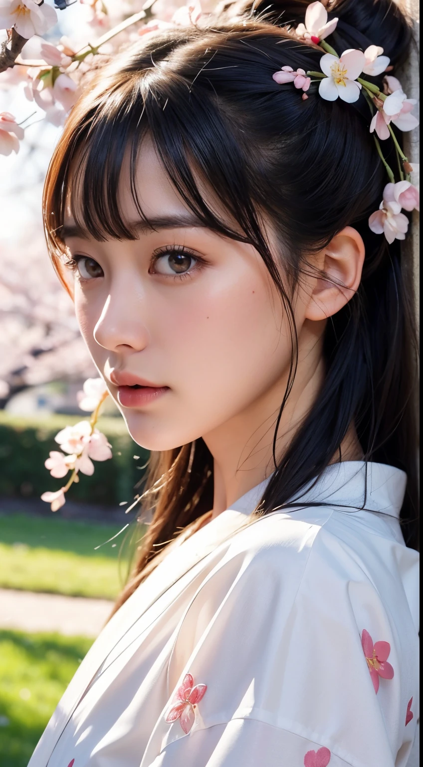 (A logo、masterpiece、8K、masutepiece、Raw photo、Fantastic、Best Quality、8K wallpaper that combines photorealism and high-definition CG、hightquality、ighly detailed、epic poem、Particle effect、Dynamic effects、depth of fields、Cinematic Light、Lens Flare、Ray tracing)、Fantasia、 (Beauty 1 person、White Japanese Clothing、Japanese dress、White cherry blossom pattern、White cherry blossom embroidery pattern、A dark-haired、Beautiful face、Real Face、beautiful details eyes beautiful skin)、Hair flutters in the wind、Hair jumps、Pink cherry blossom tree、Petals flutter、Sakura blizzard、Superb view、morning glow、Sun in the background、the wind、Deities、tusk、myth、Vast Land、