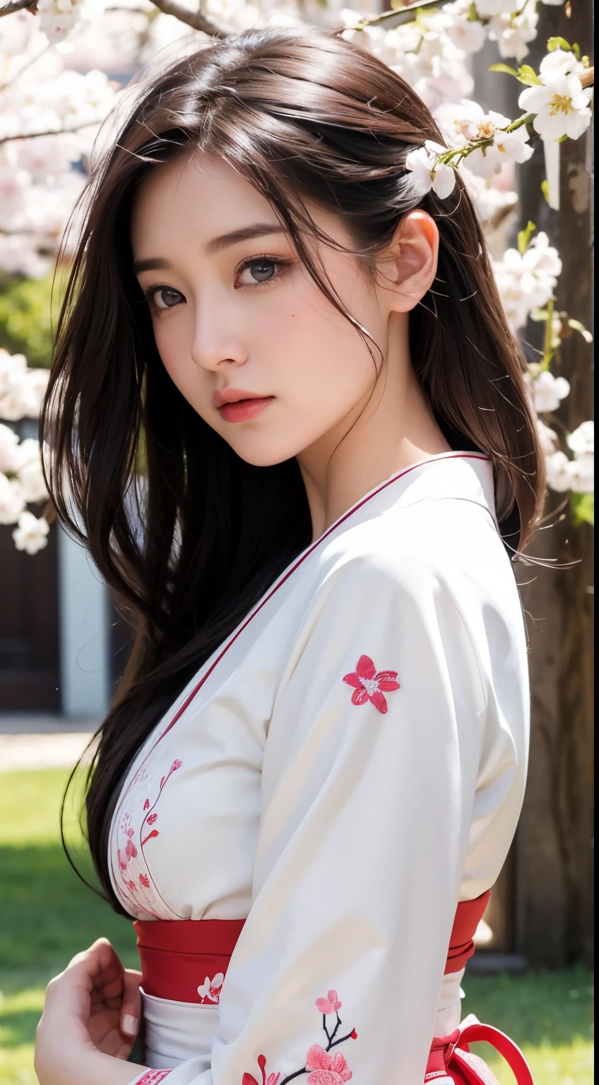 (A logo、​masterpiece、8K、masutepiece、Raw photo、Fantastic、Best Quality、8K wallpaper that combines photorealism and high-definition CG、hightquality、ighly detailed、epic poem、Particle effect、Dynamic effects、depth of fields、Cinematic Light、Lens Flare、Ray tracing)、Fantasia、 (Beauty 1 person、White Japanese Clothing、Japanese dress、White cherry blossom pattern、White cherry blossom embroidery pattern、A dark-haired、Beautiful face、Real Face、beautiful details eyes beautiful skin)、Hair flutters in the wind、Hair jumps、Pink cherry blossom tree、Petals flutter、Sakura blizzard、Superb view、morning glow、Sun in the background、the wind、Deities、tusk、myth、Vast Land、