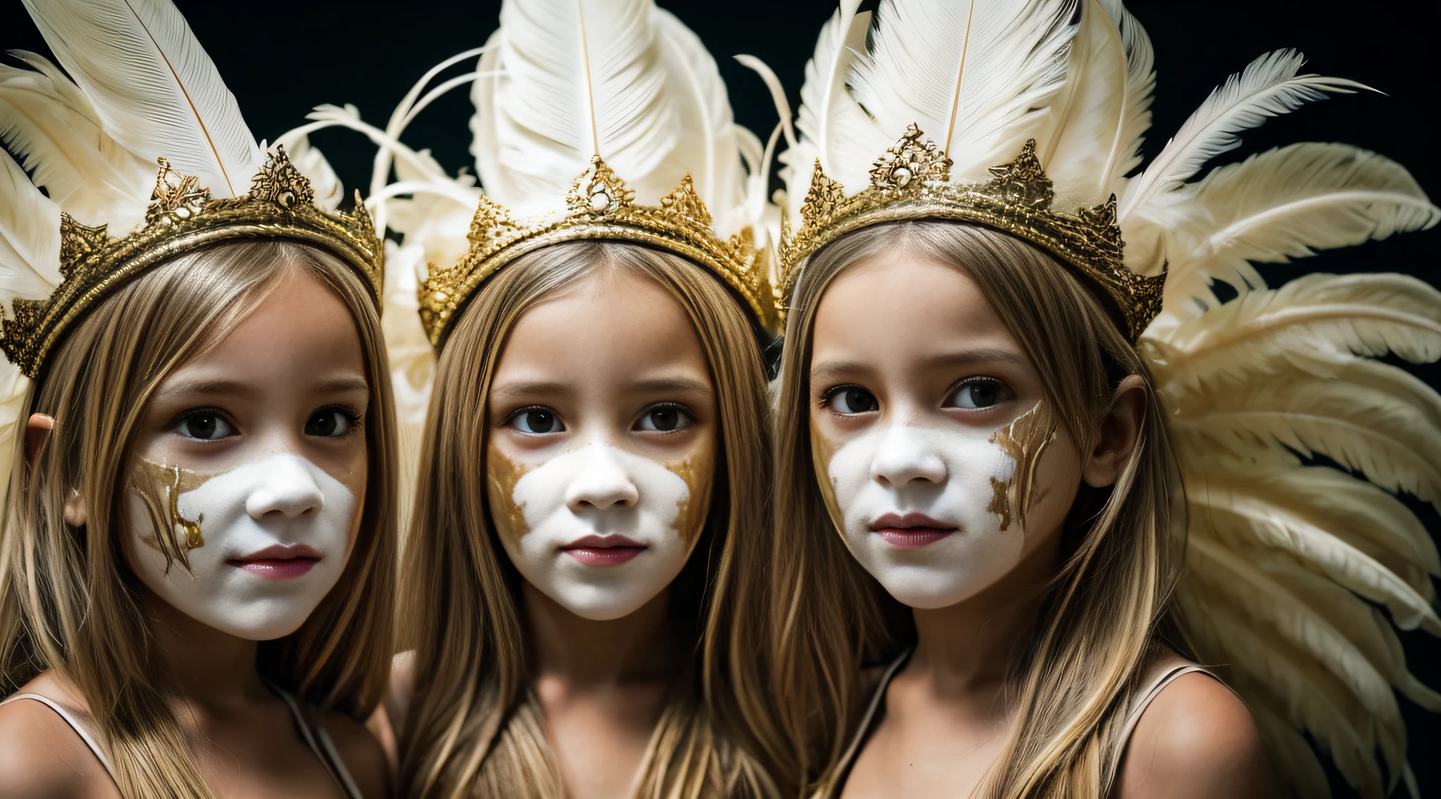 blonde girls crown of hornstwo girls dressed in costumes with masks and feathers, fotografia de terror premiada, , fotografia de terror, angelic and unsettling, Arte de terror surreal, 2 anjos, Adriano Borda, imagem assustadora espiritual, fotografia assustadora, Surrealismo assustador