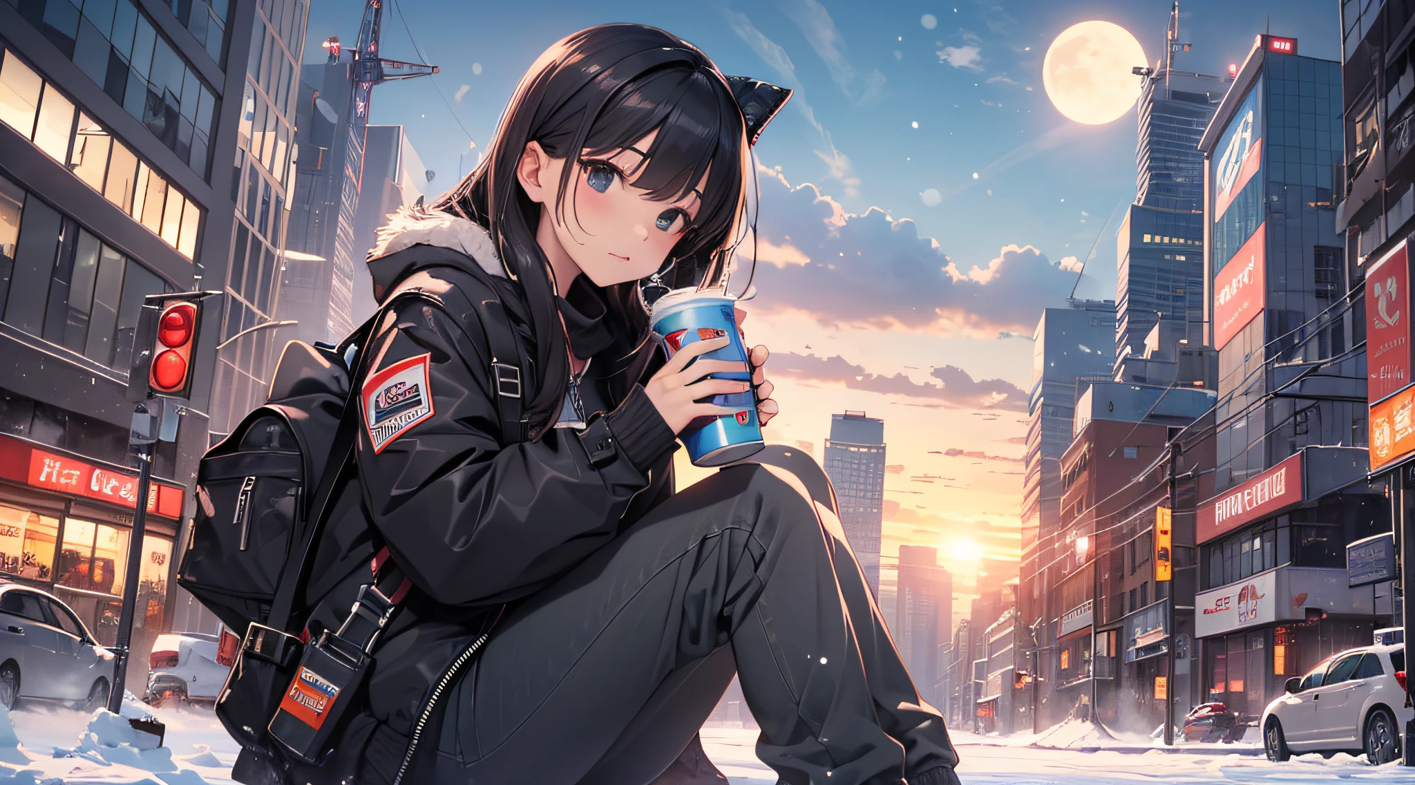top-quality、Top image quality、masterpiece、Teenage girl((Black Duffel Coat、Black shirt、Long black trousers、Canned coffee in hand、18year old、 Ager、Best Bust、big bast,Black eyes, Long Black Hair、A slender,Large valleys、Sit up、Spread your legs apart、S)),hiquality、Beautiful Art、Background with((snow blowing、glowing sun、city nigth 、Yuki))masterpiece、depth of fields,Japan Anime Style