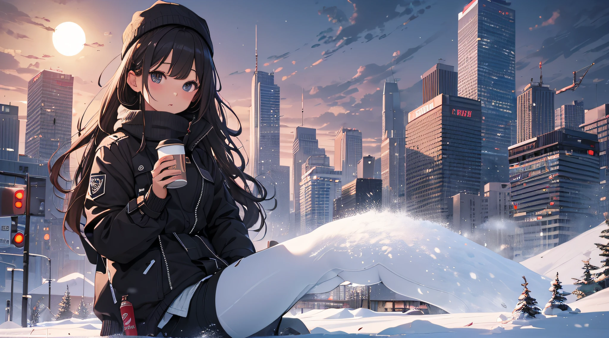 top-quality、Top image quality、​masterpiece、Teenage girl((Black Duffel Coat、Black shirt、Long black trousers、Canned coffee in hand、18year old、 Ager、Best Bust、big bast,Black eyes, Long Black Hair、A slender,Large valleys、Sit up、Spread your legs apart、S)),hiquality、Beautiful Art、Background with((snow blowing、glowing sun、city nigth 、Yuki))​masterpiece、depth of fields,Japan Anime Style