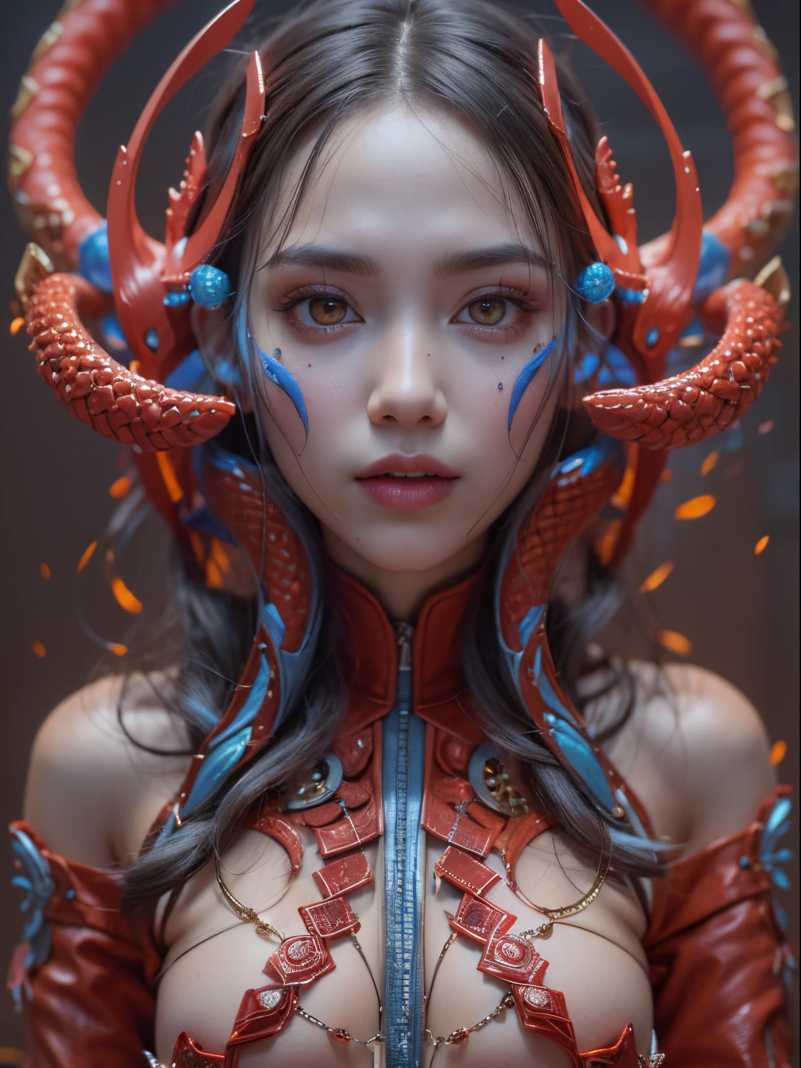 Female Alien, Beautiful face, seduces, red eyes, Full body like, A sexy, alien, No humans, an alien, cells are fused, Multiple hands, Lots of blue tentacle skin:1.5), extraterrestrial, cell, bio image, 魅惑的, Best Quality, 8K,,4K_quality, high_Definition,Dramatic Lighting, masutepiece:1.5,cinematic quality, detail up, Intricate details:1.2, 超A high resolution, High Definition, drawing faithfully, (Thick eyebrows:1.2), (Big scarlet eyes:1.6), Beautiful eyes with fine symmetry, (Ultra detailed eyes:1.2),(Highly detailed face and eyes:1.2), (High-resolution red-eye:1.4), Intimate face, (ultra detailed skin texture:1.4), Perfect Anatomy,  (Beautiful toned body:1.5),  (Moist skin:1.2), No makeup, (dark circles:1.1),