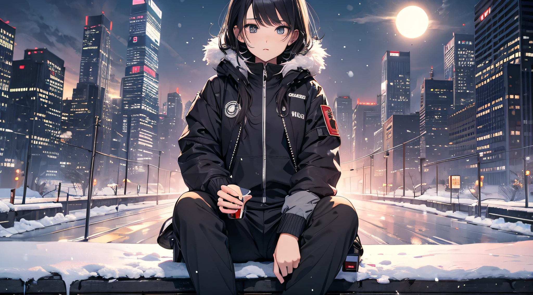 top-quality、Top image quality、masterpiece、Teenage girl((Black Duffel Coat、Black shirt、Long black trousers、Canned coffee in hand、18year old、 Ager、Best Bust、big bast,Black eyes, Long Black Hair、A slender,Large valleys、Sit up、Spread your legs apart、S)),hiquality、Beautiful Art、Background with((snow blowing、glowing sun、city nigth 、Yuki))masterpiece、depth of fields,Japan Anime Style