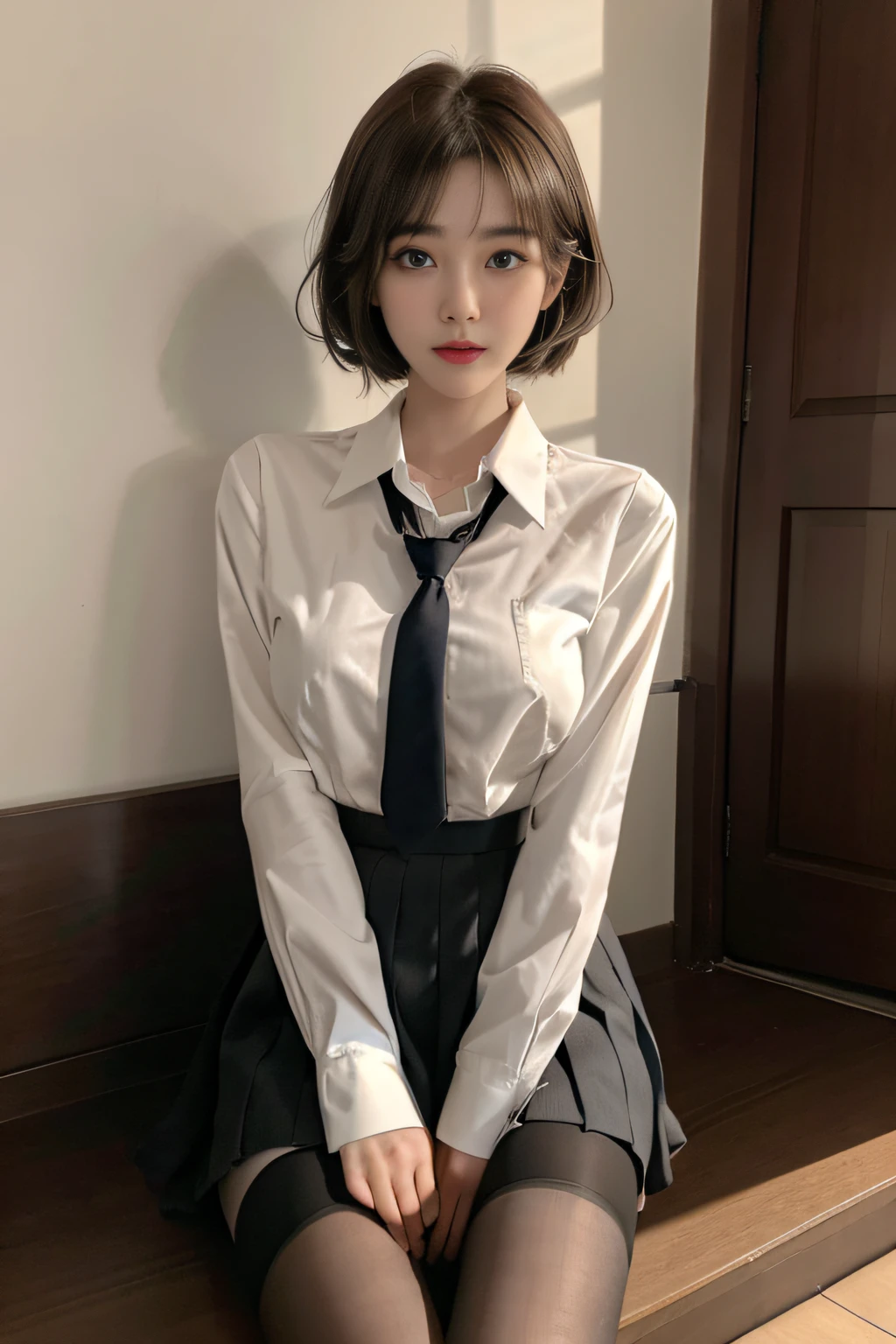 Korean School Uniform、Summer Uniform Shirts、Tight-fitting shirt、Ribbon Ties、skirt by the、Schools、stairs at school、Chest lifting pose、The focus is on the chest、Thin and large、8k RAW photo、hight resolution、18-year-old Korean、looking embarrassed、very large round breasts、intricate and fine details、long eyelasher、beautiful double eyelid、eyeshadows、eye line、elongated eyes、elongated eye shape、Sanpaku eyes are beautiful and thin, legit thin thighs、Random Shorthair、Tie your hair back、耳Nipple Ring、light brown hair、(Wear pantyhose)、Grab your knees,wears glasses