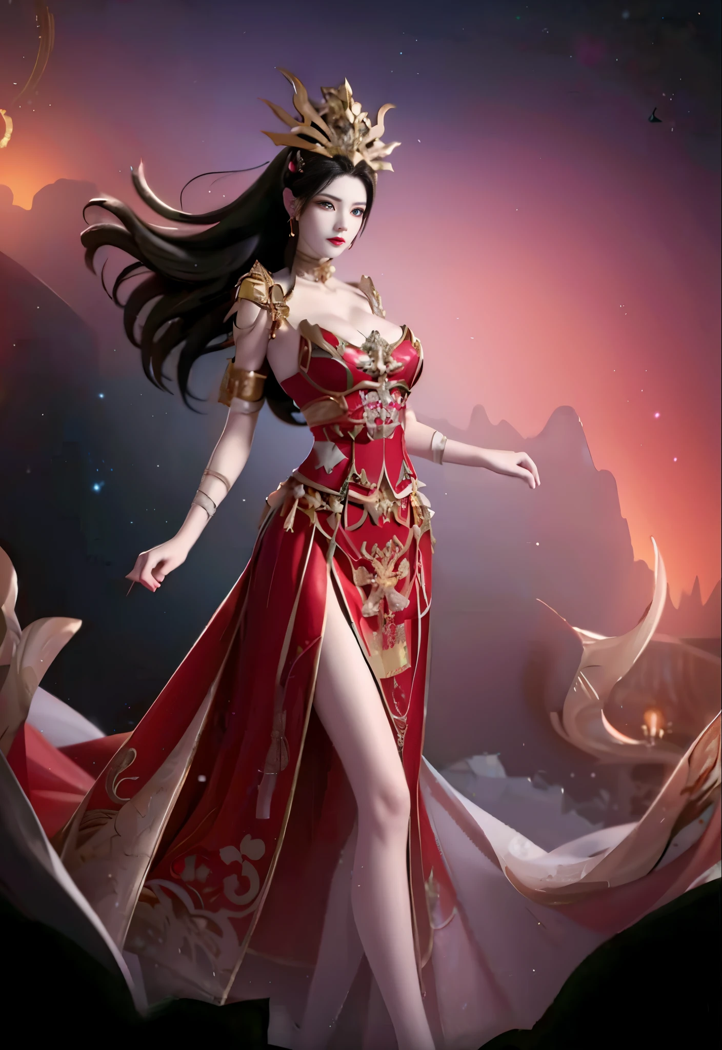 
wearing queenly clothes, revealing clothes, standing in the middle, ((big breasts 1:1)), ((exposing pink nipples 1:1)), no pants, beautiful long legs (((exposing vagina)) ),
4K photo, beautiful characters, red tones that match the character, looks realistic