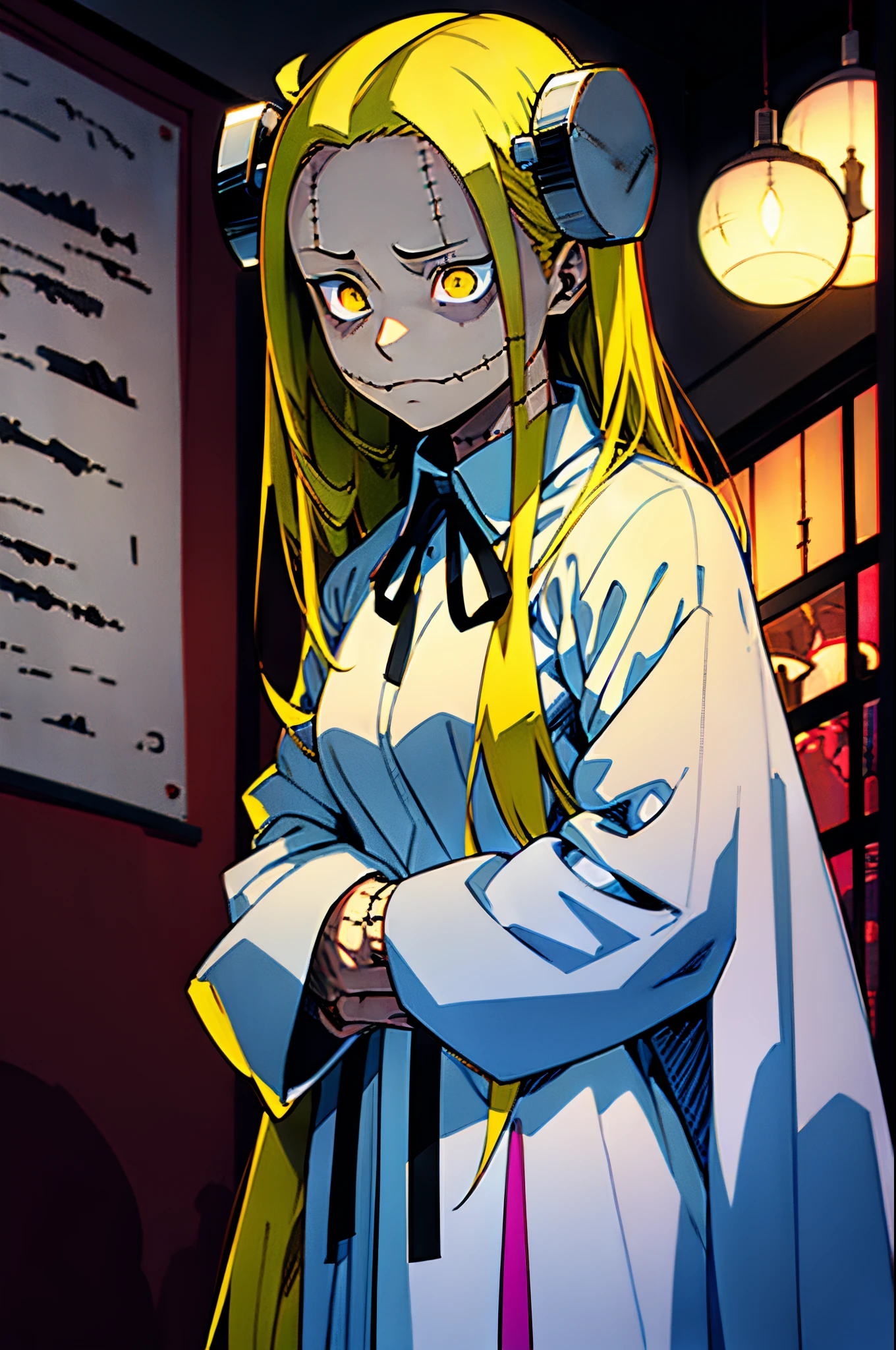 Madaraki_Fran,A  girl , Scared ,the madhatter ,surgeon&#39;gown ,Scared , Clean hands ,stunned, hairlong , yellow hair,seams , Scars on the body , A creepy look , scary eyes , An intimidating look , creepy smile , bags under eyes, ((((Tired)))) ,Disgruntled , Scared