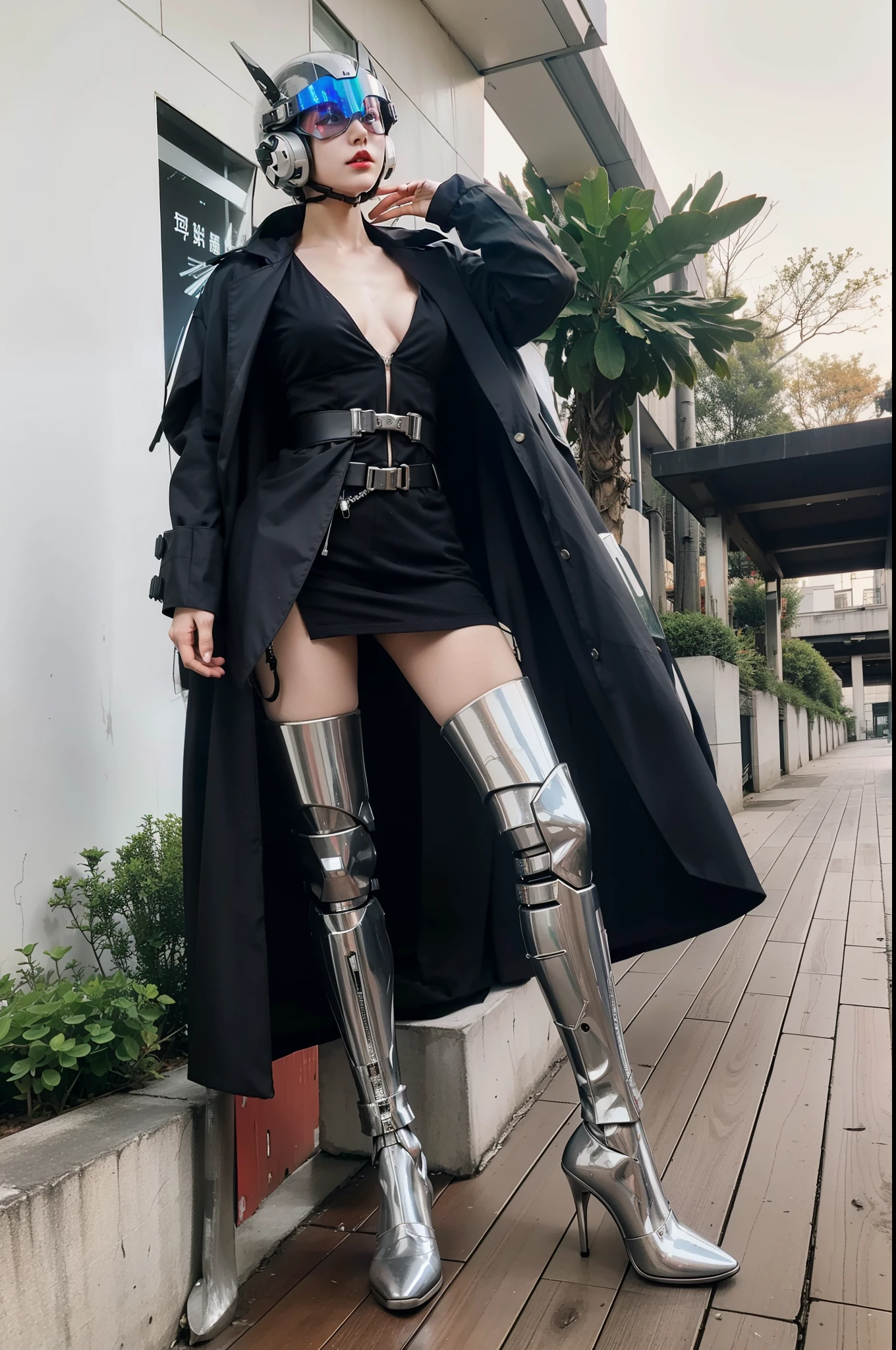 Fantasy cyberpunk world，1 Mechanical Miracle，Robots defend world order；Samurai mechanical armor，Equip transparent weapons，Streamlined black and red design，wearing in black cloak，A big part of a 1-person robot，Art of the highest quality，8K ultra-high resolution，动态照明，cinematic splendor，vivd colour，Wearing a cyberpunk space helmet，Luminous mechanical protective mask，Future high-tech tactical helmet