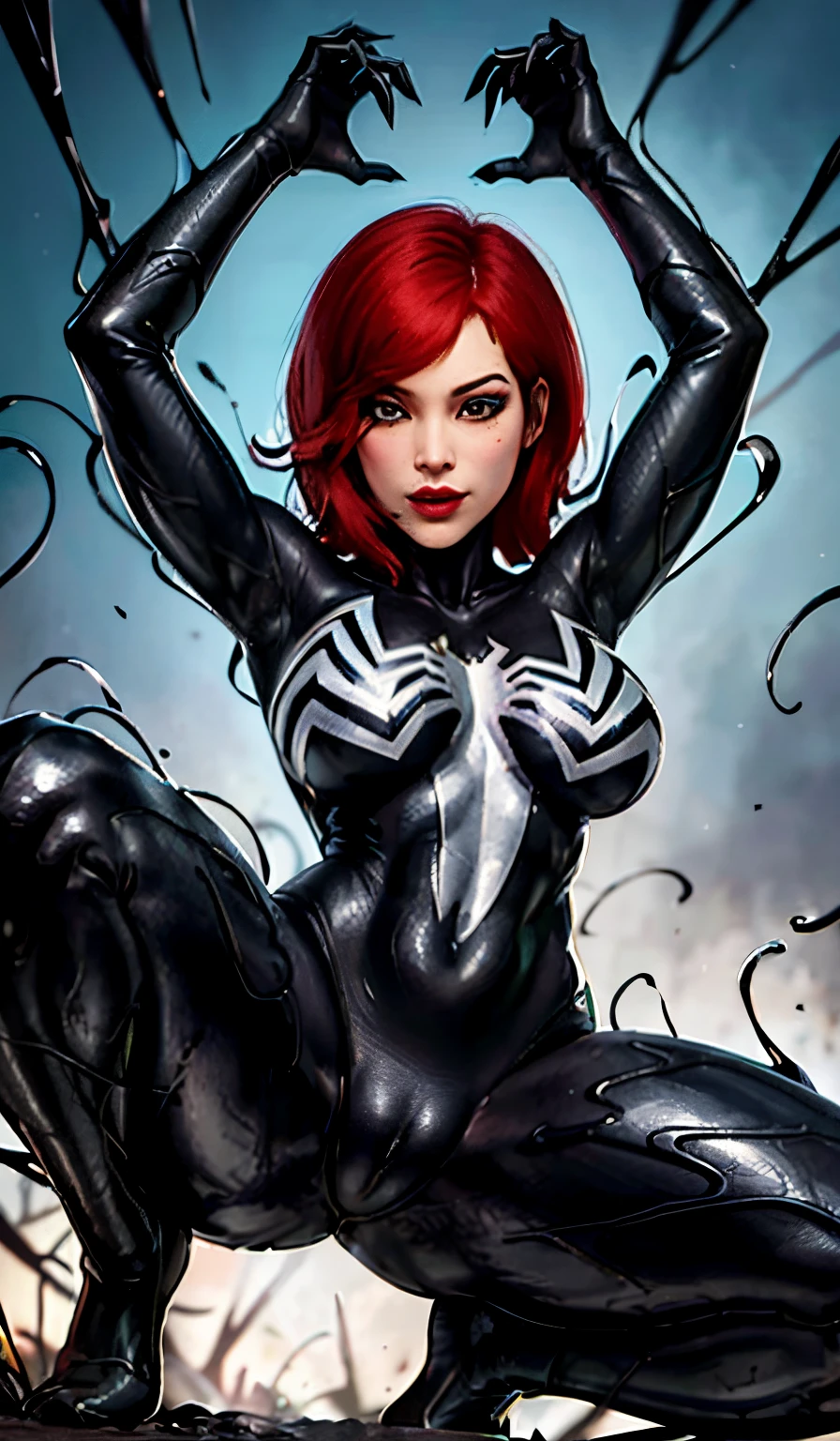 4K,realisticlying,Glamorous,The very detailed,There a girl in Dingcheng,Red hair,Wearing a black Spider-Man costume,(Black and white:1.4) the night,symbiote,venomize,a large amount of mucus,she a spiderman,Black superhero theme,In front of the sky,Flushed complexion,( Open legs, camel-toe,, Vulvar shape:1.3),(GGCameltoe:1.3)Legs apart,25 age old,full bodyesbian