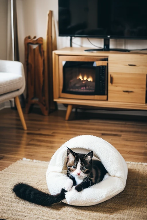home living room background, white, brown and black fur,kittens are playing with each other,