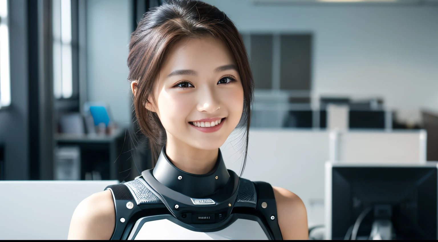 (best quality, ultra high resolution, real, photorealistic:1.4 , 8K), a futuristic robot, solo, upper body, smile, BREAK, detailed body, metalic, it hit the mind, BREAK, (in the office:1.2), magic hour, natural lighting