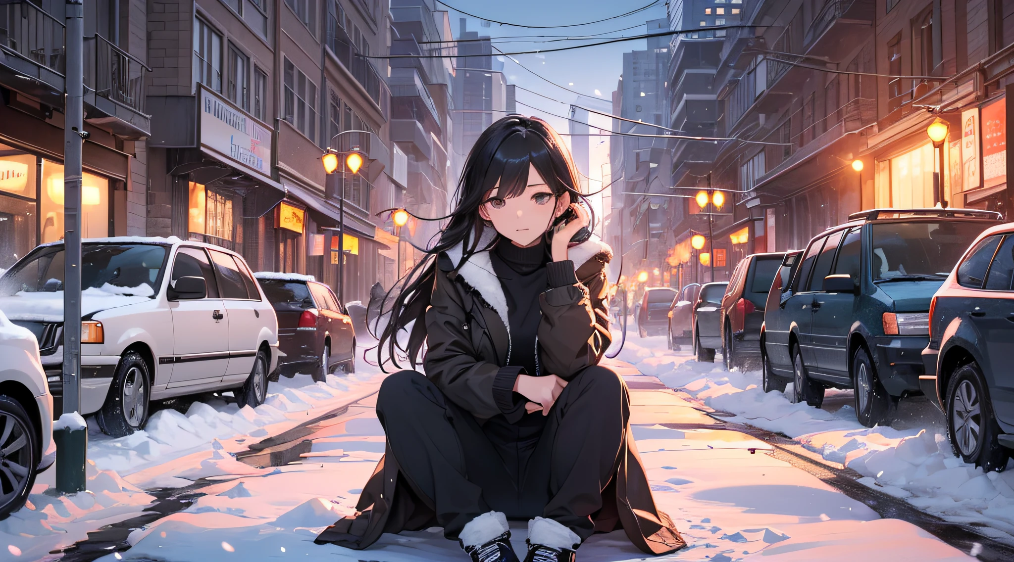 top-quality、Top image quality、masterpiece、Teenage girl((Black Duffel Coat、Black shirt、Long black trousers、Canned coffee in hand、18year old、 Ager、Best Bust、big bast,Black eyes, Long Black Hair、A slender,Large valleys、Sit up、Spread your legs apart、S)),hiquality、Beautiful Art、Background with((snow blowing、glowing sun、city nigth 、Yuki))masterpiece、depth of fields,Cinematic style