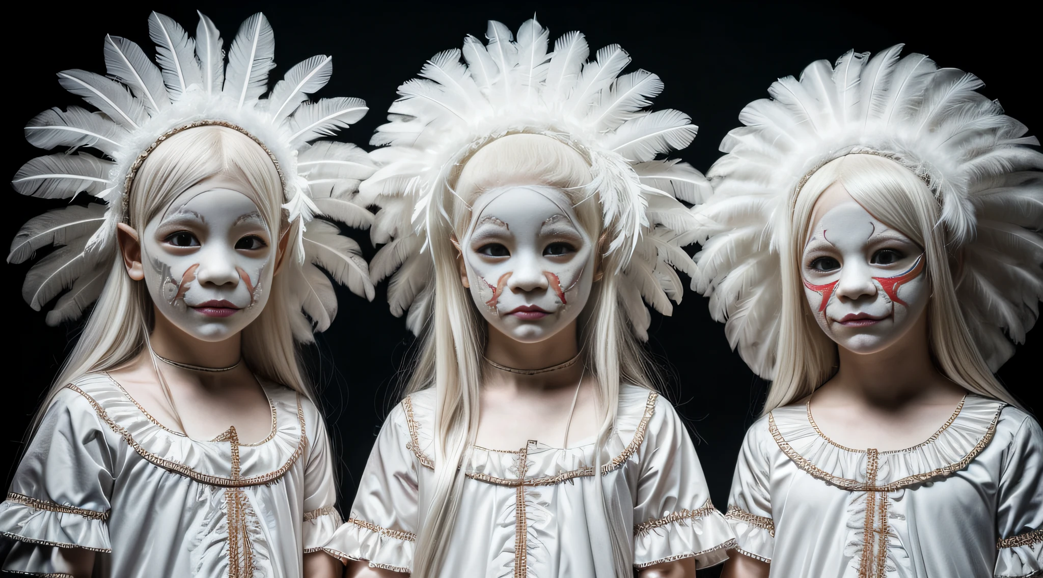 two albino girls dressed in costumes with masks and feathers, fotografia de terror premiada, , fotografia de terror, angelic and unsettling, Arte de terror surreal, 2 anjos, Adriano Borda, imagem assustadora espiritual, fotografia assustadora, Surrealismo assustador