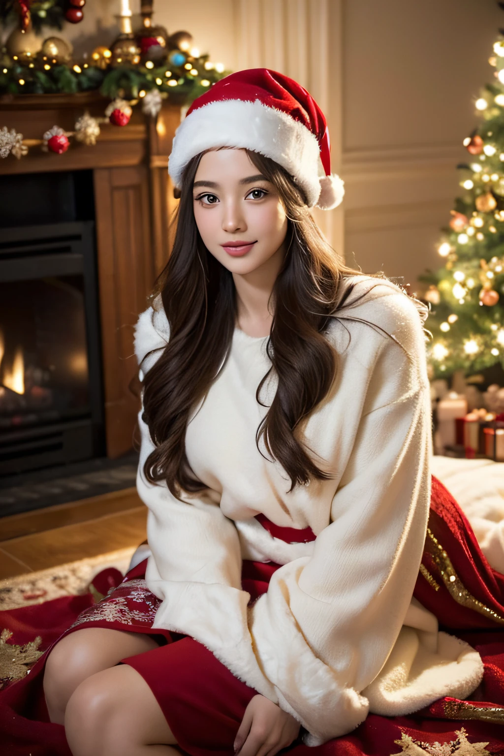 A beautiful brunette girl with long hair in a Christmas setting, surrounded by festive decorations and a warm, cozy atmosphere. The girl has stunning, detailed eyes and lips, adding depth and allure to her appearance. Her long eyelashes enhance her mesmerizing gaze. She is dressed in a festive outfit, perhaps a red dress or a cozy sweater, with a touch of Christmas-themed accessories like a Santa Claus hat or a sparkling hairpin. The girl exudes joy and excitement, capturing the spirit of Christmas.
The scene is bathed in the soft, warm glow of twinkling Christmas lights, casting a magical ambiance. The room is adorned with shimmering ornaments, colorful ribbons, and a beautifully decorated Christmas tree, complete with glimmering baubles. The tree stands tall in the corner, radiating holiday cheer. The room is filled with other delightful details, such as a crackling fireplace, stockings hung with care, and the scent of freshly baked cookies. Snowflakes gently fall outside the window, adding a touch of winter wonderland to the scene.
The artwork will be created using various mediums, combining the elements of illustration and photography. The high-quality, ultra-detailed depiction will showcase the intricate details of the girl's facial features, the texture of her hair, and the vibrant colors of the festive decorations. The image will have a photorealistic quality, capturing the essence of Christmas with exquisite precision.
The color palette will be rich and vibrant, with deep reds, lush greens, and sparkling gold accents. The warm tones will create a cozy and inviting atmosphere, while the pops of color will add a festive touch. The lighting will be carefully crafted to accentuate the girl's features and create a harmonious blend of natural and artificial light sources. The soft glow of the Christmas lights and the warm firelight will contribute to the overall enchanting quality of the scene.
In summary, the Stable Diffusion prompt for this artwork is:
(brunette girl,long hair,christmas),beautiful detailed eyes,beautiful detailed lips,extremely detailed eyes and face,long eyelashes,(best quality,4k,8k,highres,masterpiece:1.2),ultra-detailed,(realistic,photorealistic,photo-realistic:1.37),festive outfit,joyful expression,cozy atmosphere,Christmas decorations,Christmas tree,shimmering ornaments,crackling fireplace,stockings,snowflakes,illustration,photography,vivid colors,warm color palette,soft glow,harmonious lighting.