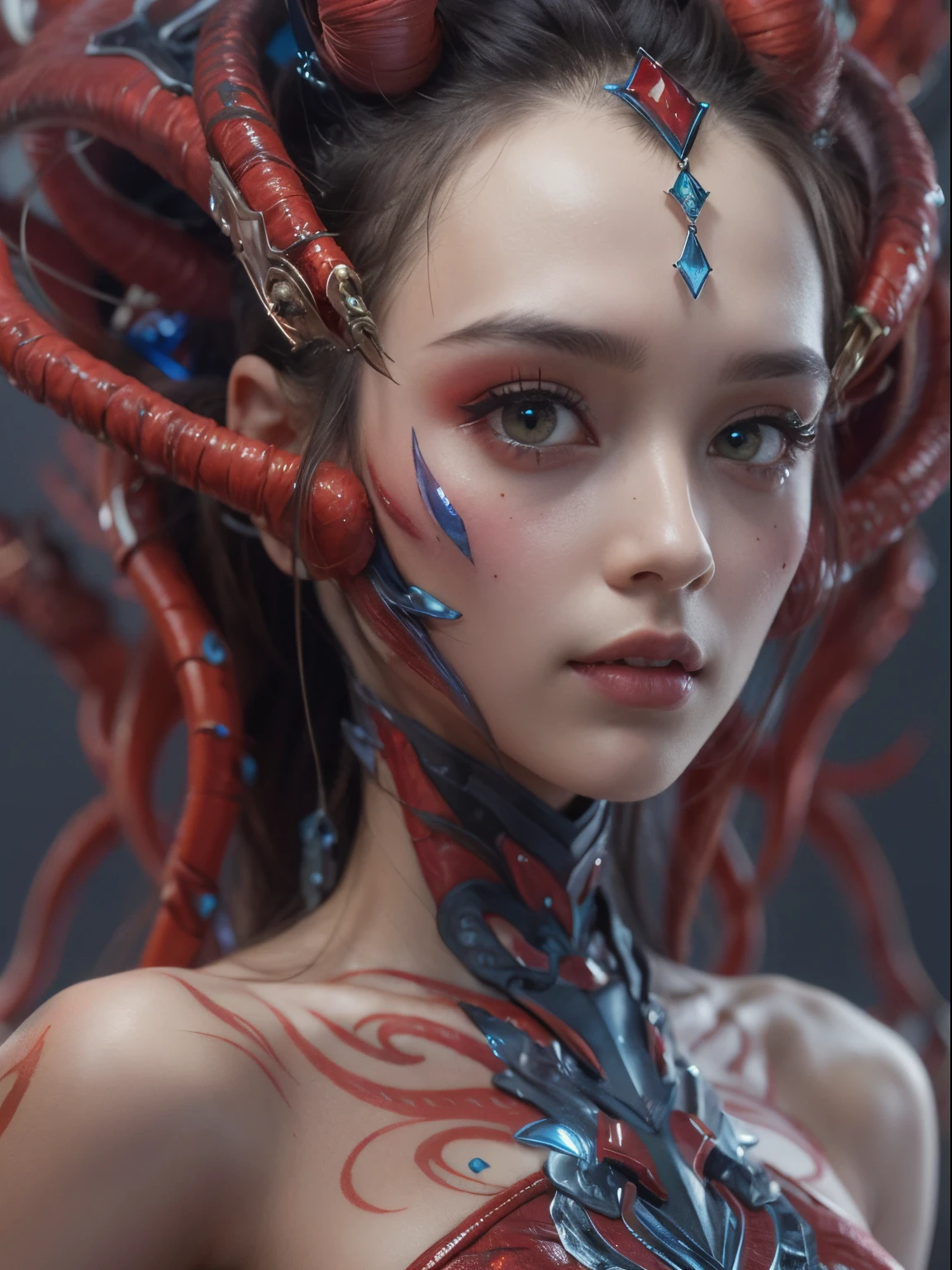 Female Alien, Beautiful face, seduces, red eyes, Full body like, A sexy, alien, No humans, an alien, cells are fused, Multiple hands, Lots of blue tentacle skin:1.5), extraterrestrial, cell, bio image, 魅惑的, Best Quality, 8K,,4K_quality, high_Definition,Dramatic Lighting, masutepiece:1.5,cinematic quality, detail up, Intricate details:1.2, 超A high resolution, High Definition, drawing faithfully, (Thick eyebrows:1.2), (Big scarlet eyes:1.6), Beautiful eyes with fine symmetry, (Ultra detailed eyes:1.2),(Highly detailed face and eyes:1.2), (High-resolution red-eye:1.4), Intimate face, (ultra detailed skin texture:1.4), Perfect Anatomy, (Beautiful toned body:1.5), (Moist skin:1.2), No makeup, (dark circles:1.1),