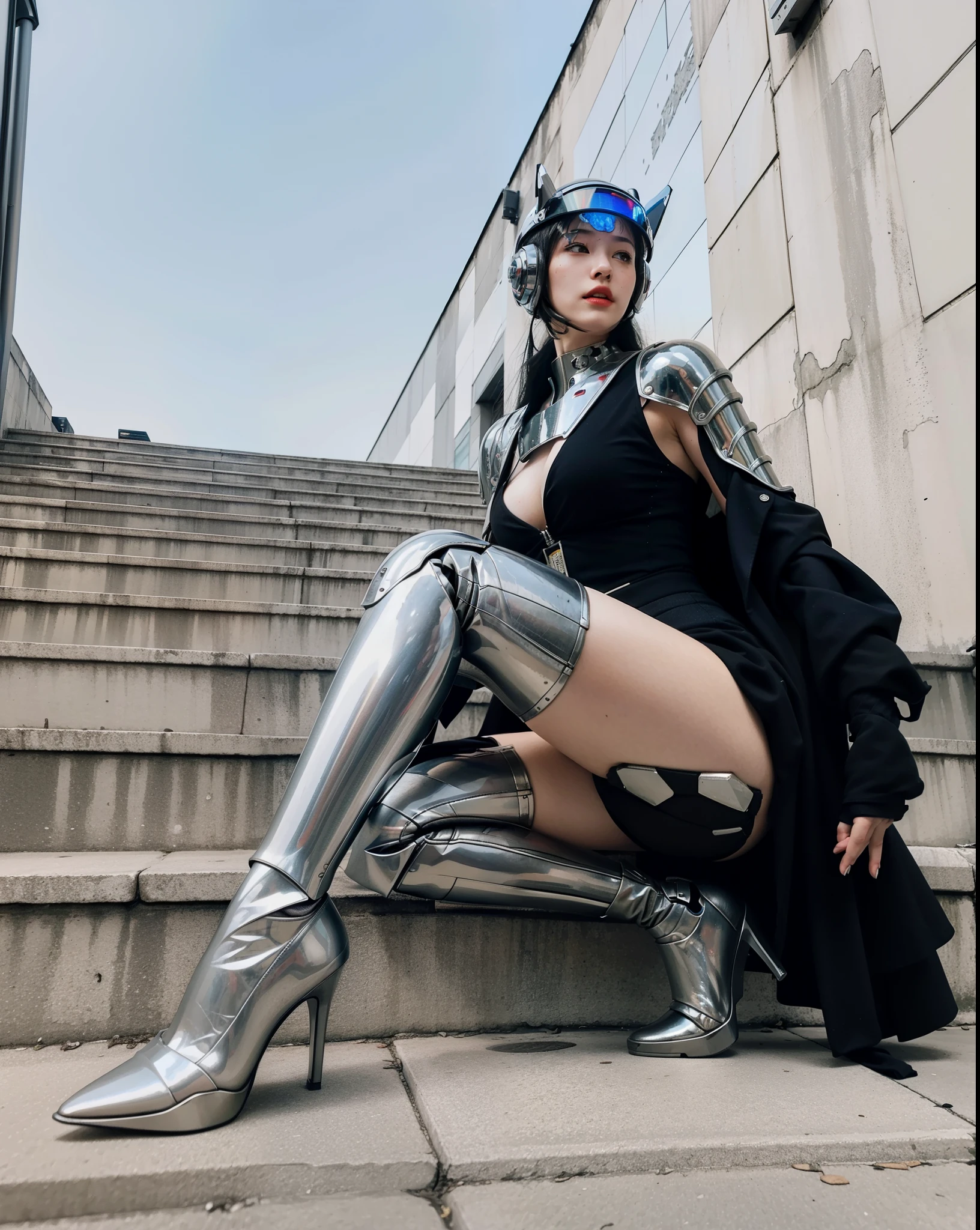 Fantasy cyberpunk world,1 Mechanical Miracle,Robots defend world order;Samurai mechanical armor,Equip transparent weapons,Streamlined black and red design,wearing in black cloak,A big part of a 1-person robot,Art of the highest quality,8K ultra-high resolution,动态照明,cinematic splendor,vibrant with colors,Wearing a cyberpunk space helmet,Luminous mechanical protective mask,Future high-tech tactical helmet,squatting on the ground