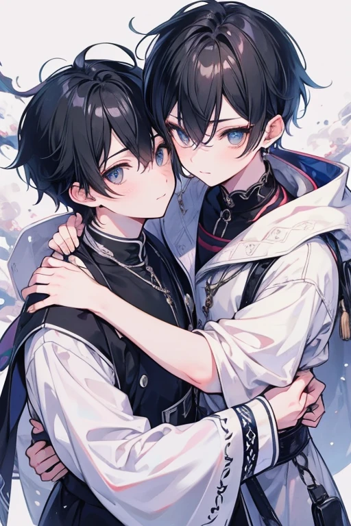 Unparalleled beauty,face perfect、(2man,Gay Male Relationships),Perfect Eye、 By Shinkai Makoto、a blonde and a black hair、Traditional costumes、steam、steam、White breath、Laugh、arms in arms、Laugh、Winter Outfit、snowscape、 (2man),Gay Male Relationships, 、,
