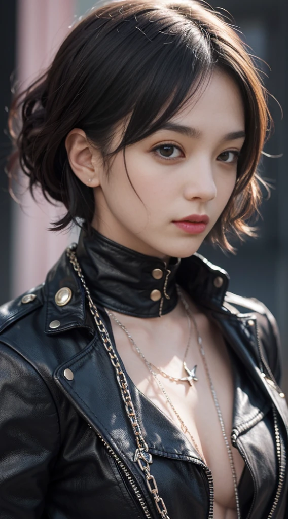 (1Girl:1.3),Solo,__body-parts__, Official Art, 8k unit wallpaper, The ultra-detailliert, Close up on face, Beautiful and aesthetic, splendid, Masterpiece, Best Quality, fantastic atmosphere, Calming Palette, Quiet atmosphere, Smooth shading, Priestess Miko, Charm Spell, Family talisman, Duties of a Priestess, Dark aesthetic, Black leather shorts with many chains on the body and suit and tie with a black leather jacket,  Tokyo city in the background, (Messy short purple hair),