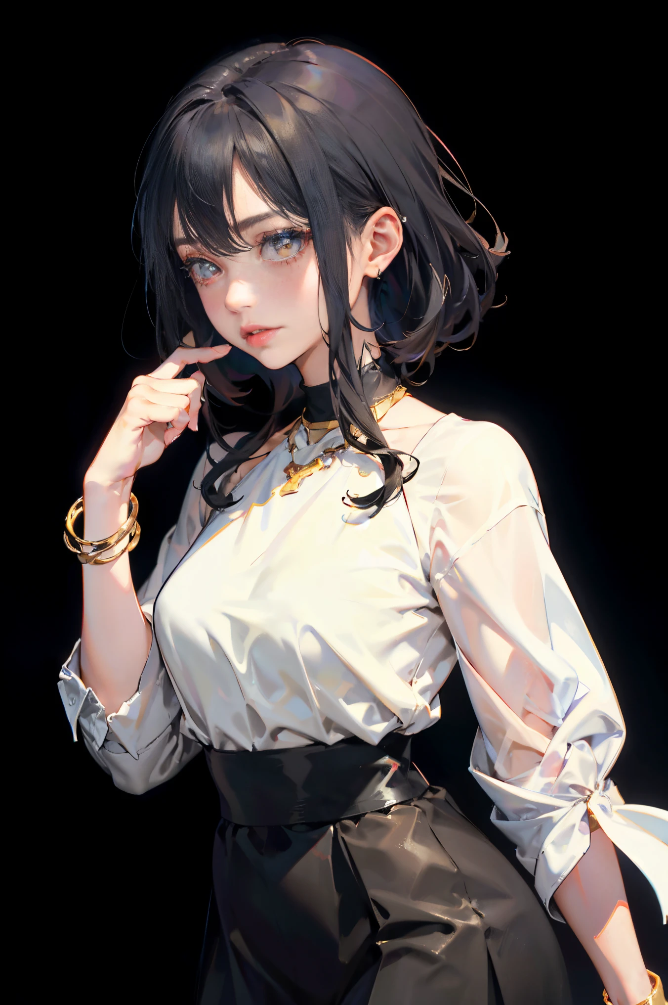 a 20 yo woman、Black blue Hair、poneyTail、(hi-top fade:1.3)、dark themed、Muted Tones、Subdued Color、highly contrast、(natural skin textures、Hyper-Realism、Soft light、sharp)、makeup, mascara, Lips are subdued or colors, simple black background, Minimalism, monotone, simple color palettes, Clean, sharp designs, flowing silhouettes, Tight skirts and pants, high-waisted skirts and pants, simple dresses, shirts and blouses, asymmetrical, geometric, Elegant and luxurious materials and designs, Simple, minimal accessories, Slim necklaces and rings in silver or gold, Simple bangles, Distinctive designs, simple silhouettes, simple and sophisticated style, elegance, minimalism, high quality materials, cool and urban impression, high fashion, simplicity and sophistication,