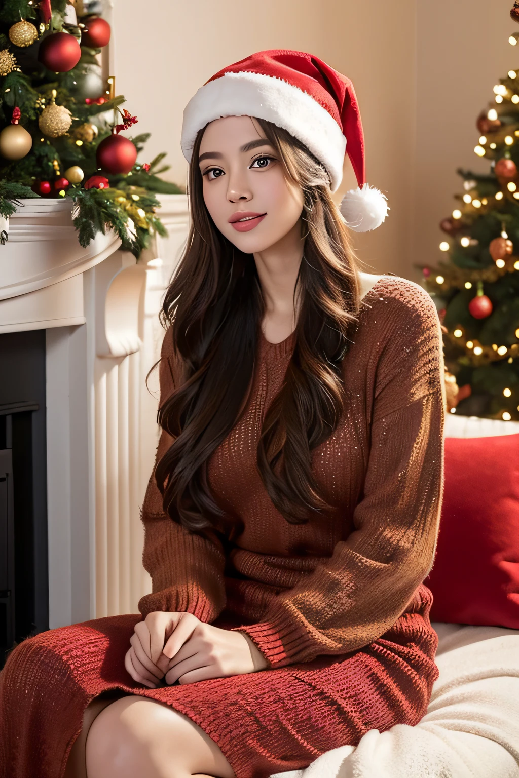 A beautiful brunette girl with long hair in a Christmas setting, surrounded by festive decorations and a warm, cozy atmosphere. The girl has stunning, detailed eyes and lips, adding depth and allure to her appearance. Her long eyelashes enhance her mesmerizing gaze. She is dressed in a festive outfit, perhaps a red dress or a cozy sweater, with a touch of Christmas-themed accessories like a Santa Claus hat or a sparkling hairpin. The girl exudes joy and excitement, capturing the spirit of Christmas. The scene is bathed in the soft, warm glow of twinkling Christmas lights, casting a magical ambiance. The room is adorned with shimmering ornaments, colorful ribbons, and a beautifully decorated Christmas tree, complete with glimmering baubles. The tree stands tall in the corner, radiating holiday cheer. The room is filled with other delightful details, such as a crackling fireplace, stockings hung with care, and the scent of freshly baked cookies. Snowflakes gently fall outside the window, adding a touch of winter wonderland to the scene. The artwork will be created using various mediums, combining the elements of illustration and photography. The high-quality, ultra-detailed depiction will showcase the intricate details of the girl's facial features, the texture of her hair, and the vibrant colors of the festive decorations. The image will have a photorealistic quality, capturing the essence of Christmas with exquisite precision. The color palette will be rich and vibrant, with deep reds, lush greens, and sparkling gold accents. The warm tones will create a cozy and inviting atmosphere, while the pops of color will add a festive touch. The lighting will be carefully crafted to accentuate the girl's features and create a harmonious blend of natural and artificial light sources. The soft glow of the Christmas lights and the warm firelight will contribute to the overall enchanting quality of the scene. In summary, the Stable Diffusion prompt for this artwork is: (brunette