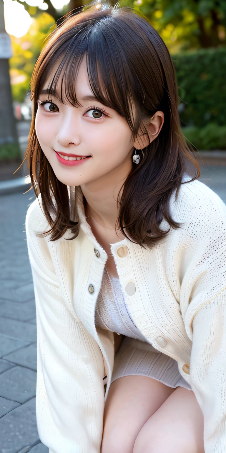 masutepiece, Best Quality,
Ultra-detailed, finely detail, hight resolution, in 8K,
((Photorealsitic:1.4, Raw photography, 超A high resolution,Top image quality: 1.4)),
Wallpaper,
((Perfect whole body configuration1.5)),
Beautiful detailed eyes, Natural Color Lip,
((a serene smile:1.5)),
((Random and cute hairstyles)),
((rather large breasts、You can see the chest:1.2)),
((from the front side:1.5)),
((breastsout、under look eye rest out、Mole on the arm:0.9)),
((Random blurry background)),((the setting sun)),((Colored leaves)),
((Random and cute facial expressions)),,
very detailed and professional lighting、
Perfect dynamic composition, Beautiful detailed eyes,((leaning-forward:1.5)), ((White knitwear:1.5))、((coat:1.6)),((micromini skirt:1,5)),((Smile,Harajuku)),((Crouch down and stare at the camera))